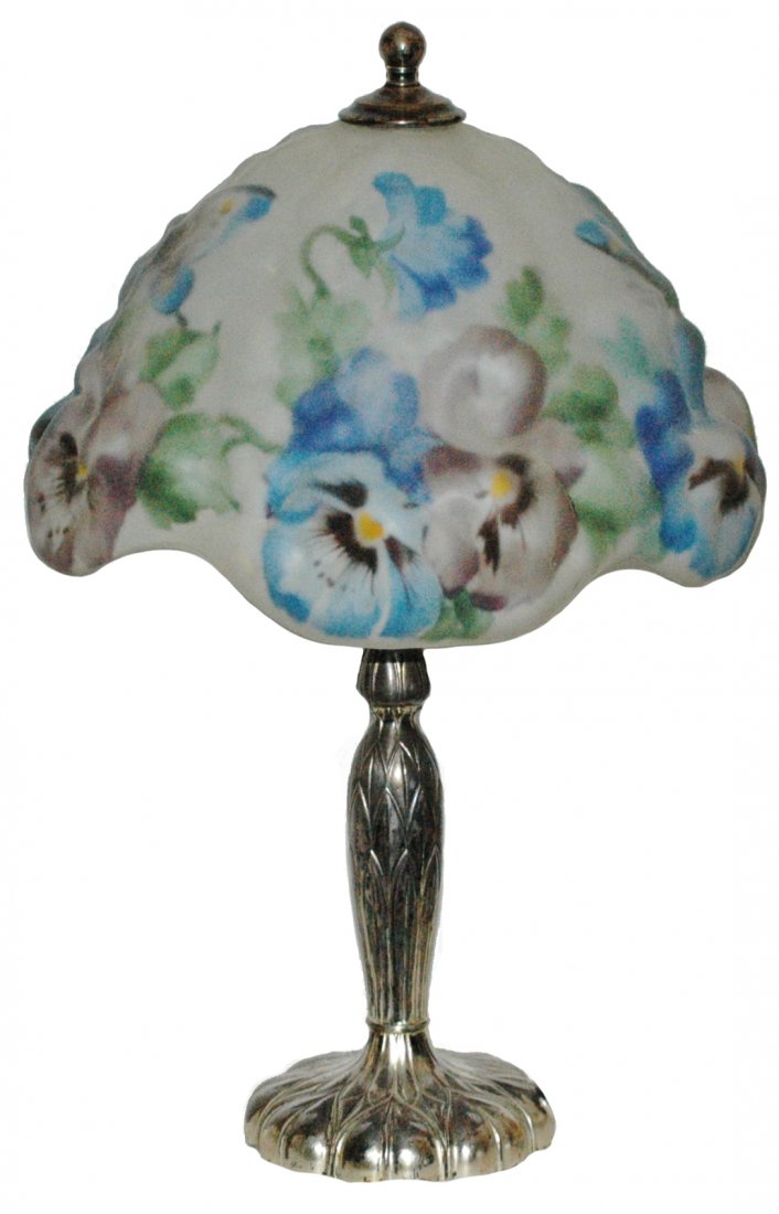 Vintage Butterfly & Floral Pairpoint Puffy Boudoir Lamp: Pairpoint Puffy Boudoir Lamp. Early 20th century. Pretty floral and butterfly design. Shade is 9" wide and has original paper label. Base is also signed. Total height is 14".