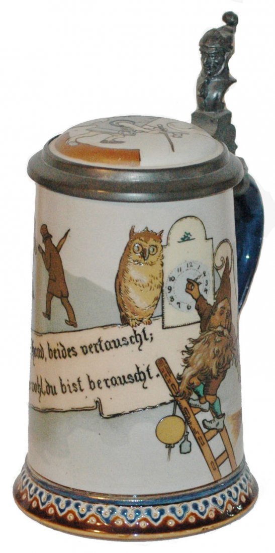 Climbing Dwarf & Clock Schlitt Mettlach Stein: Mettlach #2092 Etched 1/2L. Dwarf climbs ladder to ind clock. Schlitt. Inlay lid. Mint.