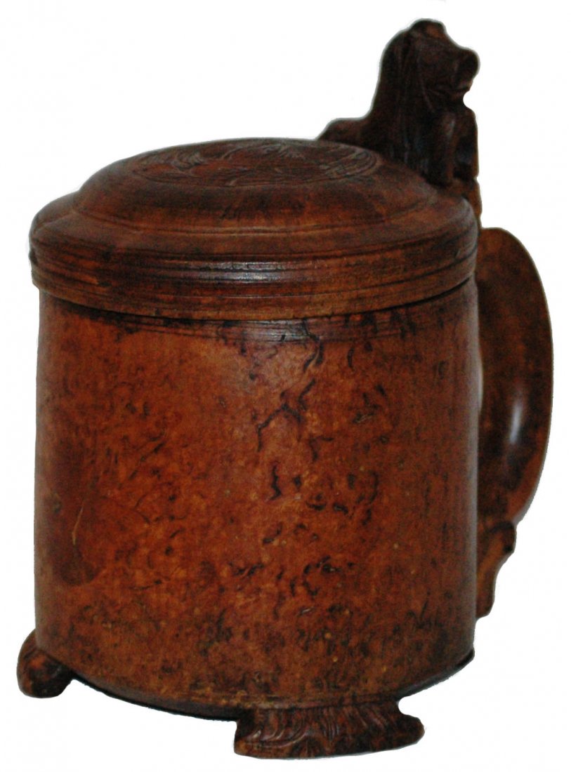 Lion Feet & Thumblift Scandinavian Wood 1L Stein: Burl Wood 1L. Scandinavian circa 1780. Lion feet and thumblift. Normal wear.