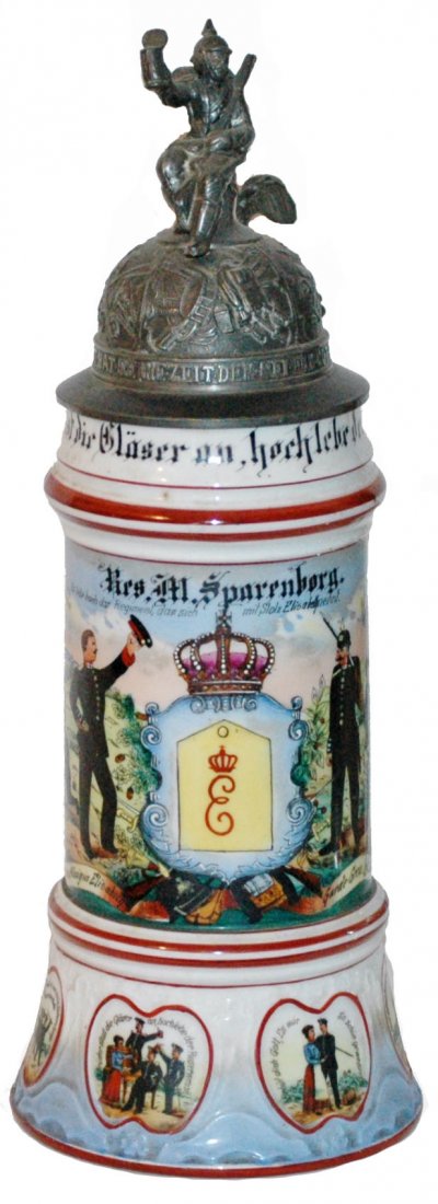 Rare Body Apple Garde Regimental Stein: Regimental Stein 1/2L Porcelain. "11. Comp. Konigin Elisabeth Garde Gren. Rgt. No. 3. Charlottenburg 1904-1906. Res. M. Sparenborg" Two side scenes. Apple stein. Very rare body for this Garde Regiment
