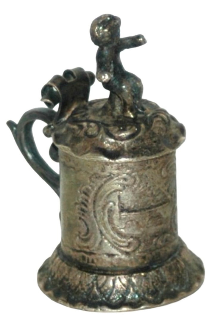 Silver 2" Mini Stein w Cherub Finial Lid: Silver 2" Mini Stein. Cherub finial lid. Mint.