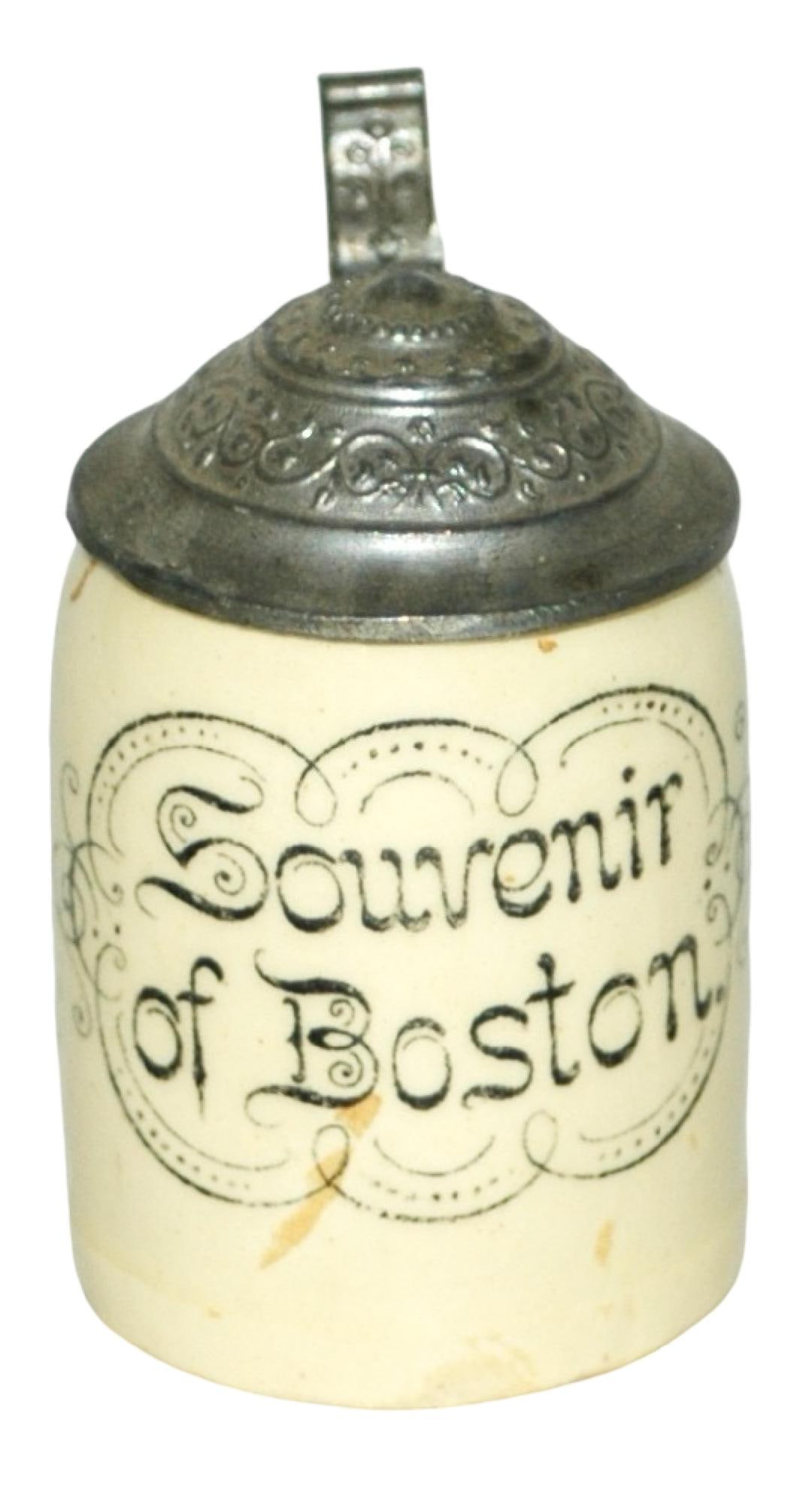 Souvenir of Boston Mini Stein: Pottery PUG 2 1/2" Mini Stein. "Souvenir of Boston."