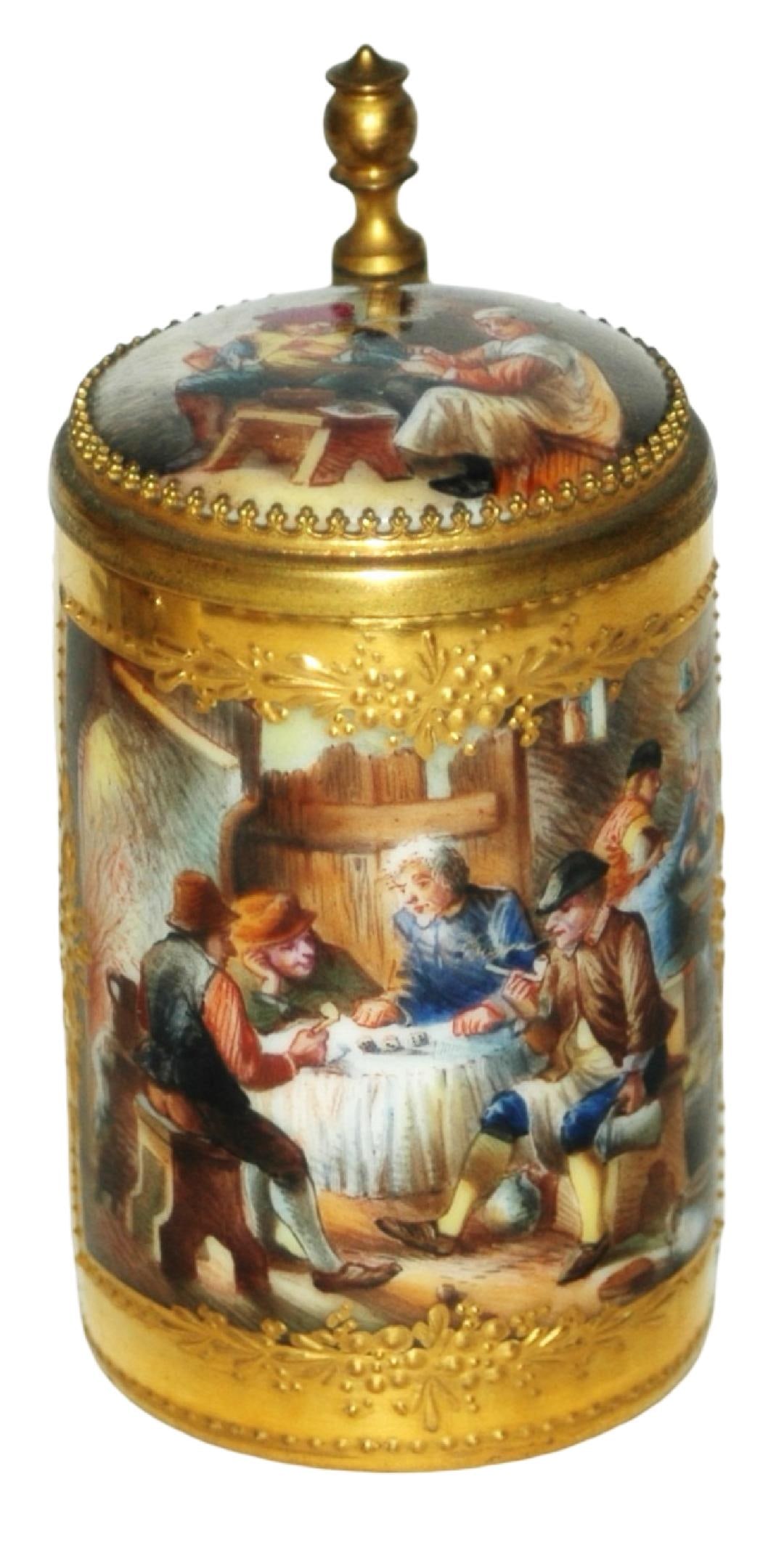 Royal Vienna Dice Players Hand Painted Mini Stein: Porcelain Royal Vienna Hand Painted 3" Mini Stein. Men playing dice game at table. Inlay painted on both sides. Mint.