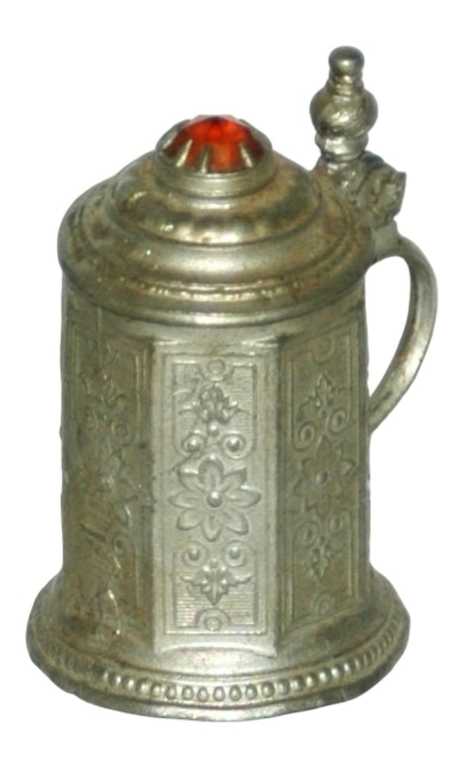 Floral 8 Sided Mini Stein w Pink Prism Lid: Pewter 2" Mini Stein. Floral design on eight sided body. Pink prism in lid. Mint.