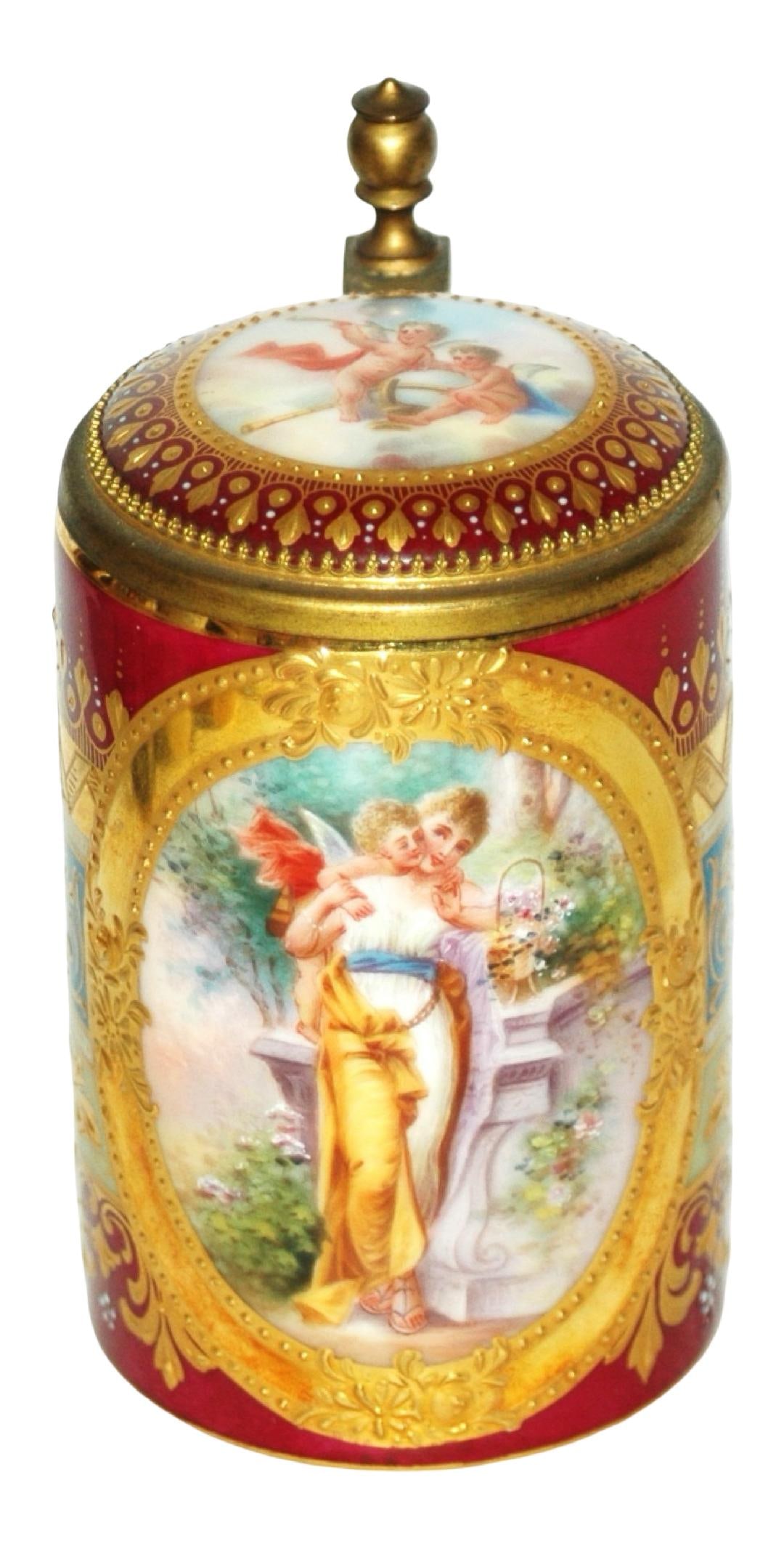 Royal Vienna Hand Painted Woman& Cherub Mini Stein: Porcelain Royal Vienna Hand Painted 3 1/2" Mini Stein. Woman and cherub. Both sides of inlay painted. Mint.