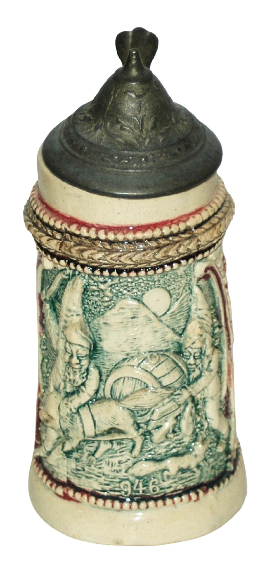Dwarfs & Fox Diesinger 1/8L Stein: Pottery Diesinger Relief 1/8L. Dwarfs use fox to pull a barrel.