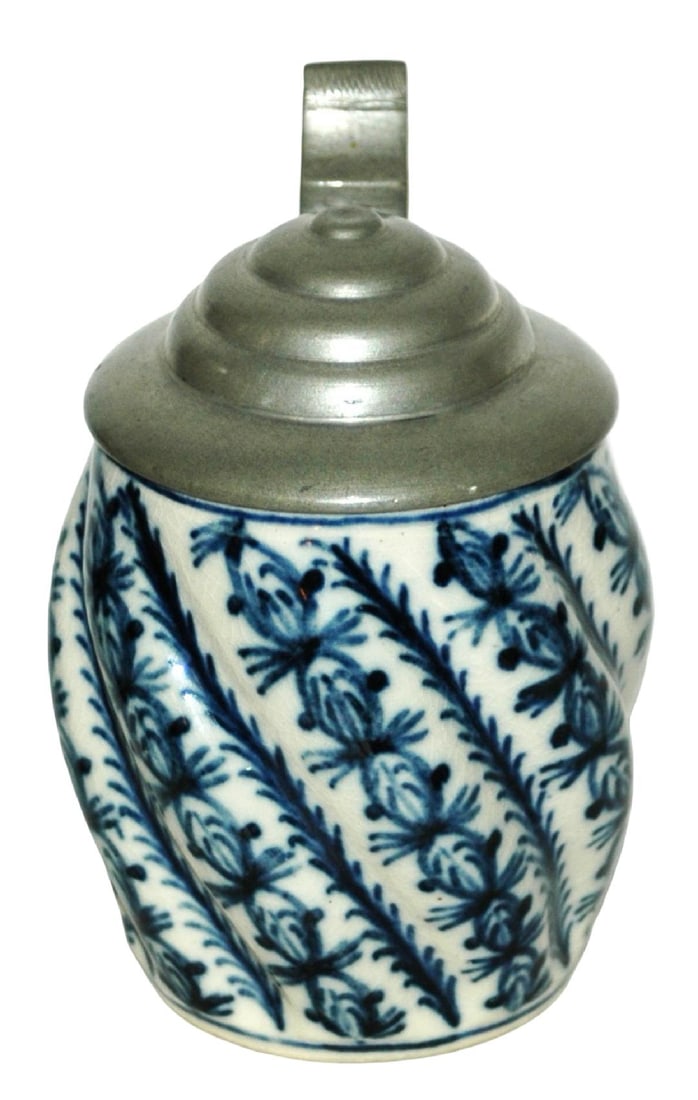 Klammerth Faience Floral Ribbed 1/4L Stein: Faience Stein 1/4L Klammerth Factory. PUG floral design on diagonally ribbed body. Mint.