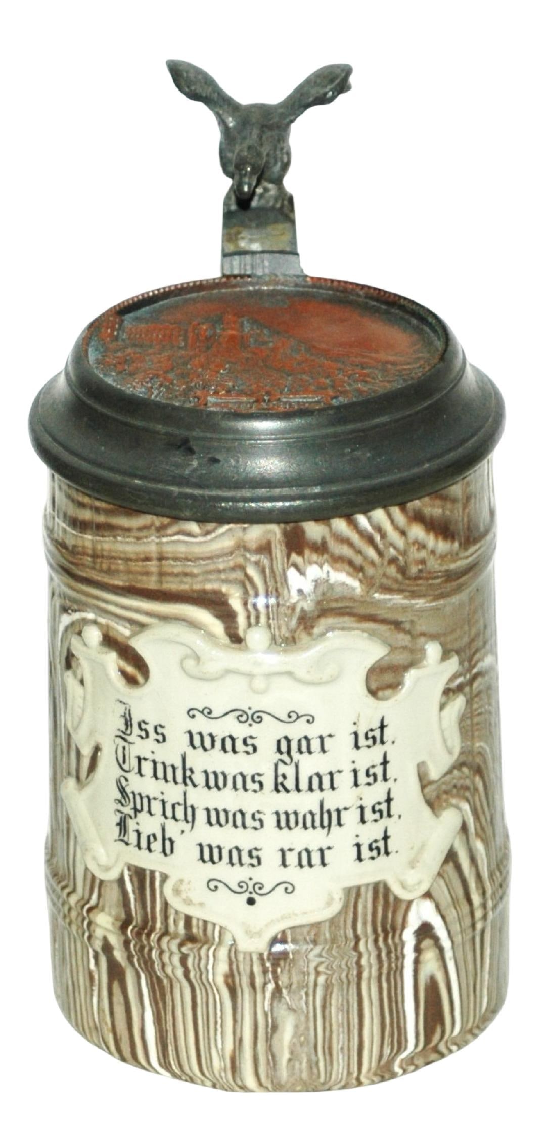 Sarreguemines Marbled Body Copper Relief Lid Inlay: Sarreguemines Relief 1/4L. Verse on marbled body. Copper relief inlay lid of Heidelberg. Mint.