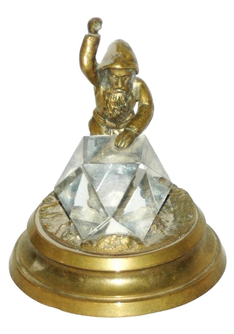 Dwarf w Diamond Brass & Glass Figure: Brass & Glass 3 ¾" Figure. Dwarf hammers large diamond. Very good condition.