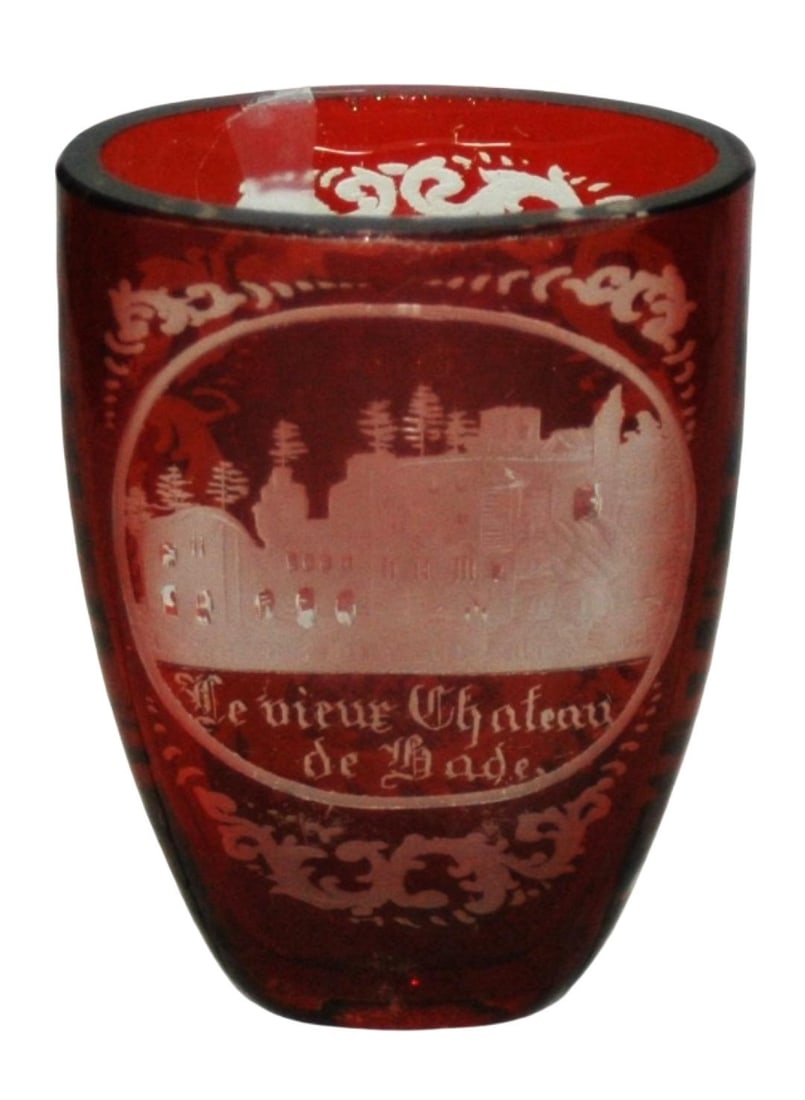 1880 Glass Pocket Beaker w Wheel Cut Spa Scene (1 of 2)