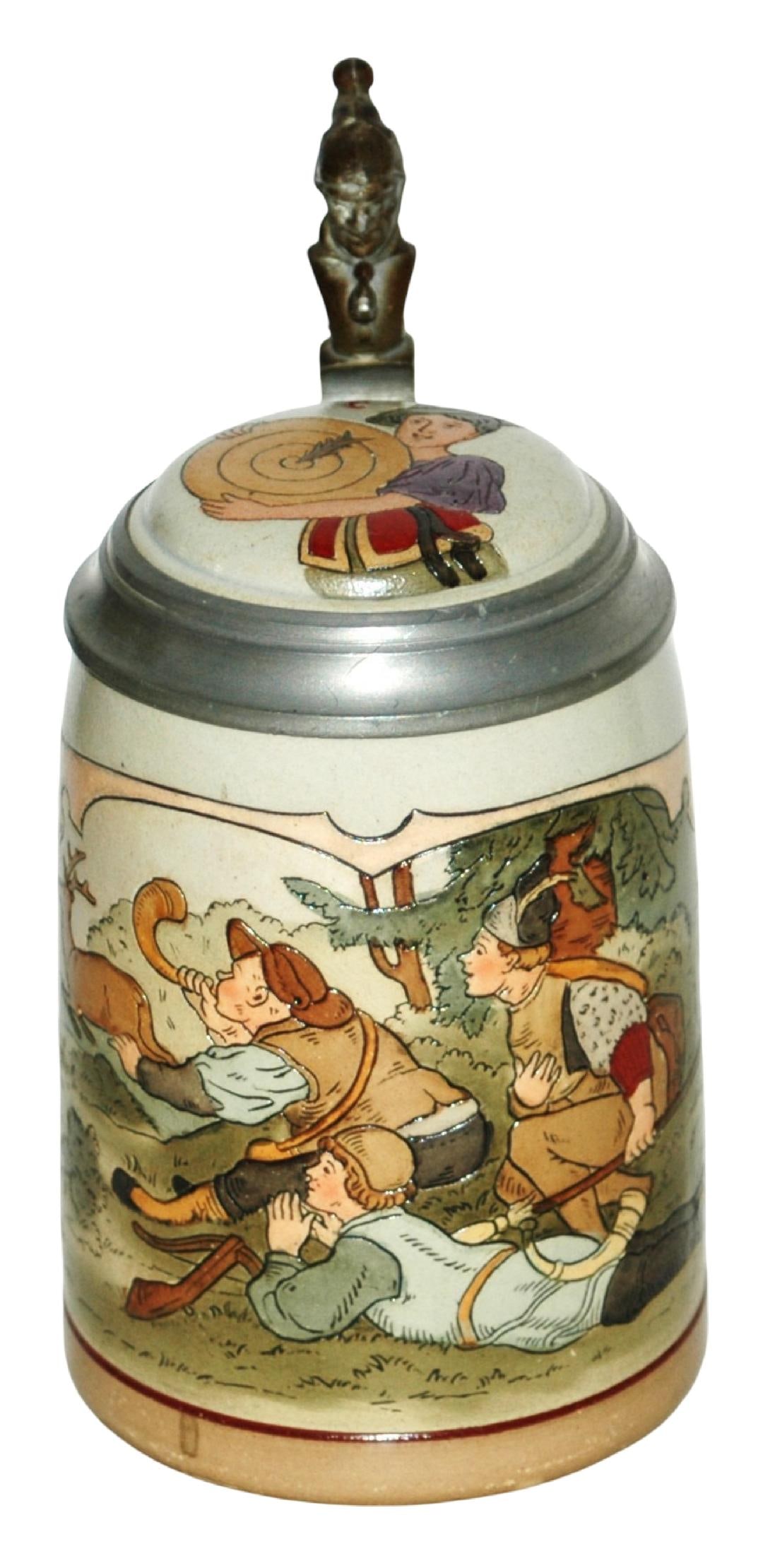 Hunter and Stag Etched Stein w Inlay Lid: Pottery Marzi Remy #1635 Etched 1/2L. Hunter chasing stag. Inlay lid. Mint.