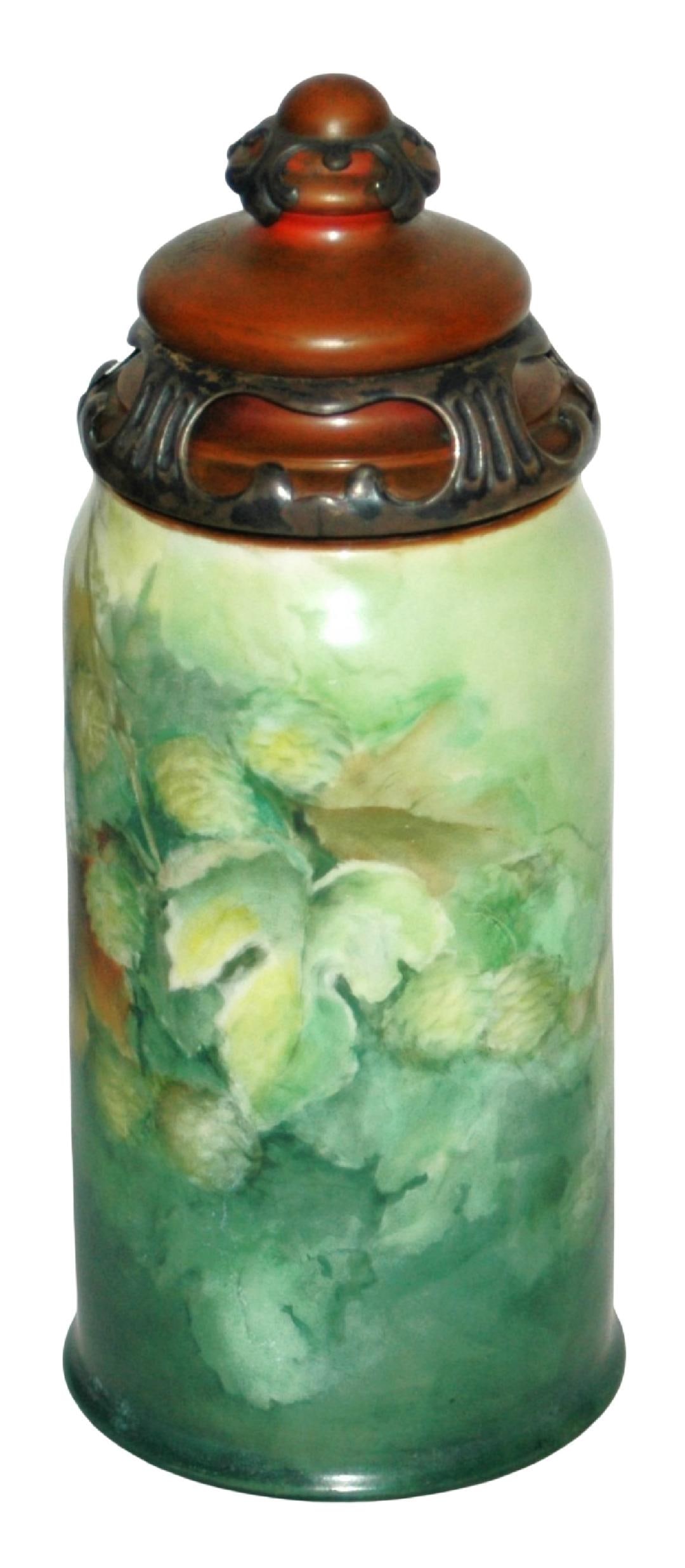 1L Lenox Hops Buds & Floral Stein w Tiffany Lid: Lenox Porcelain POG 1L. Hops buds floral design. Tiffany mixed metal lid. Uncommon. Mint.