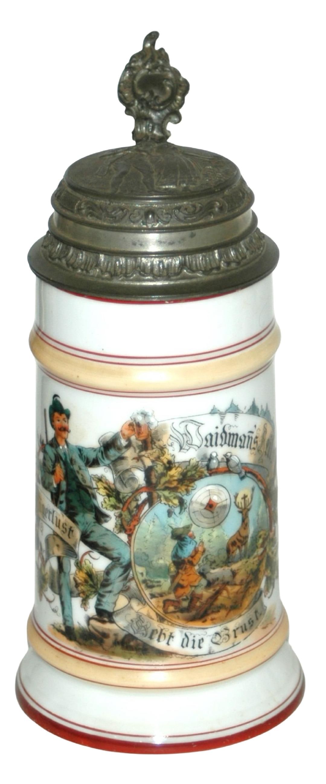 Hunter w St Hubertus Stag Porcelian Stein: Porcelain POG 1/2L. Hunter with St Hubertus stag. Relief pewter lid of couple.