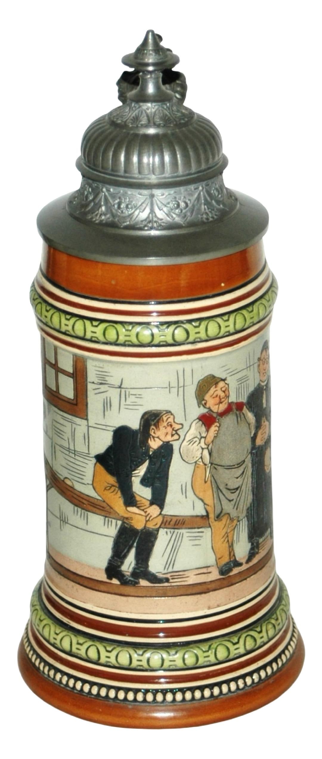 HR Men Bowling Wrap Around Scene Stein: Pottery HR #175 Etched 1/2L. Men in bowling scene wraps around body. Mint.
