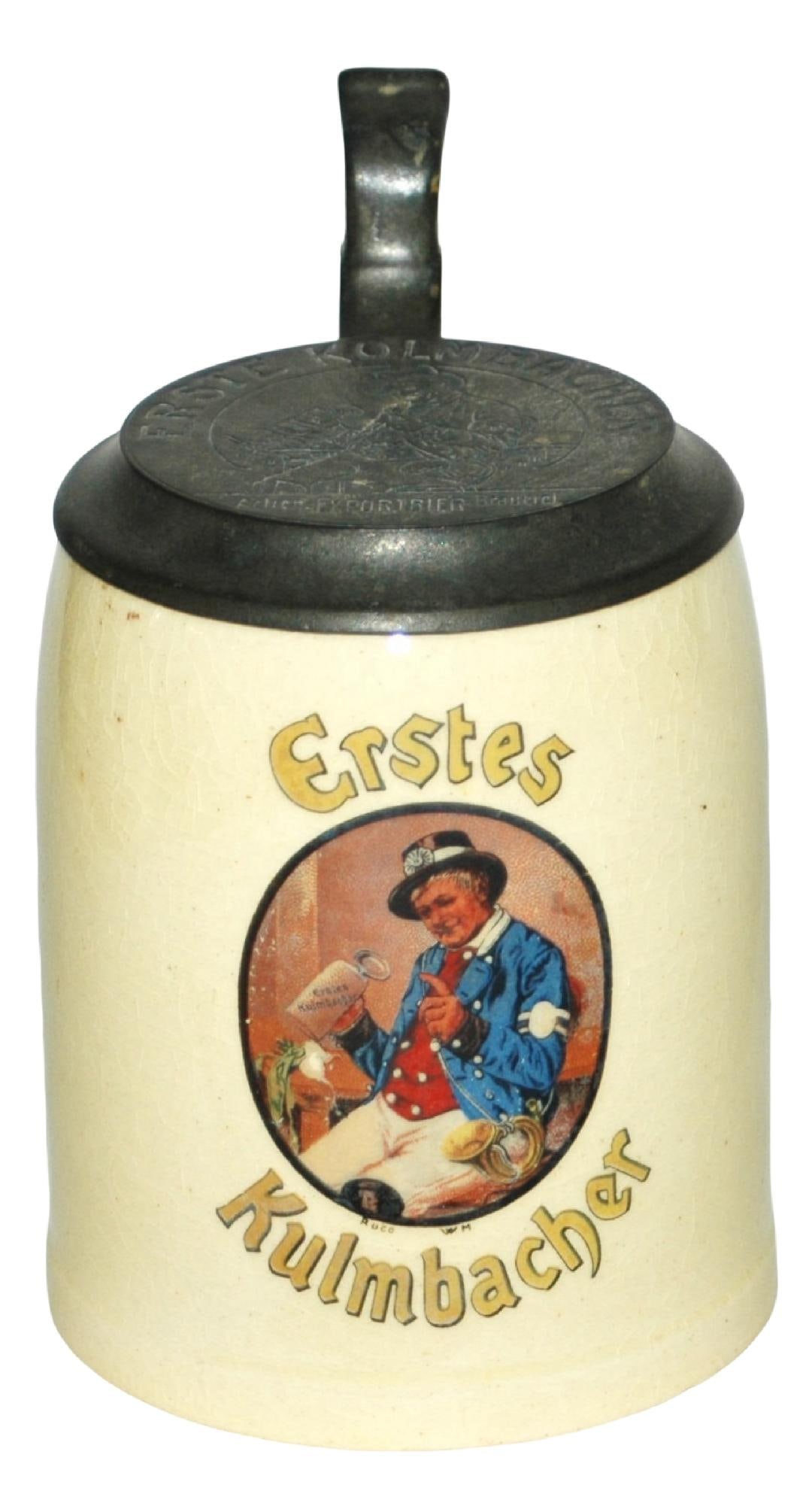 Brewery Erstes Kulmbacher Stein w Matched Logo Lid: Brewery Stein 1/2L Pottery. "Erstes Kulmbacher." Matching logo pewter lid. Mint.