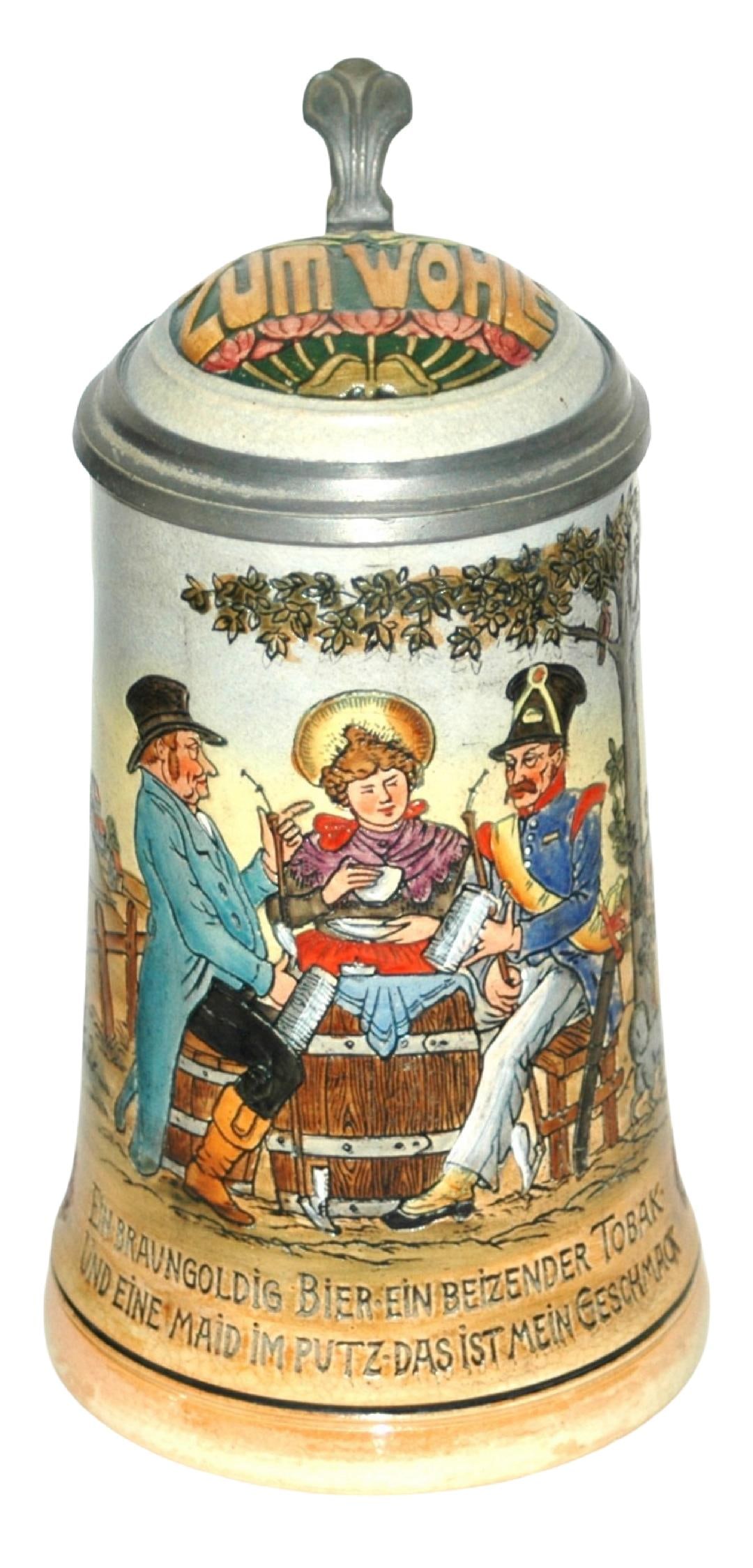 Soldier Sits w Couple at Keg Table Stein w Inlay: Pottery #709 Etched 1/2L. Soldier sits with couple at keg table. Inlay lid. Mint.
