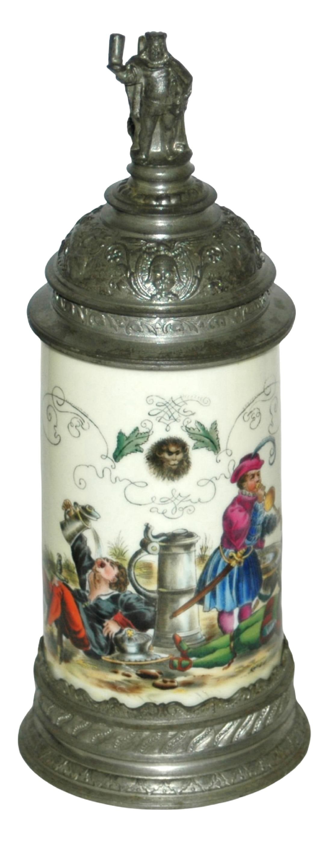 Horn Player & Drinkers Stein w Fancy Lid& Base Rim: Porcelain POG 1/2L. Man plays horn to other drunks. Fancy relief pewter lid and base rim. Gambrinus finial. Mint.