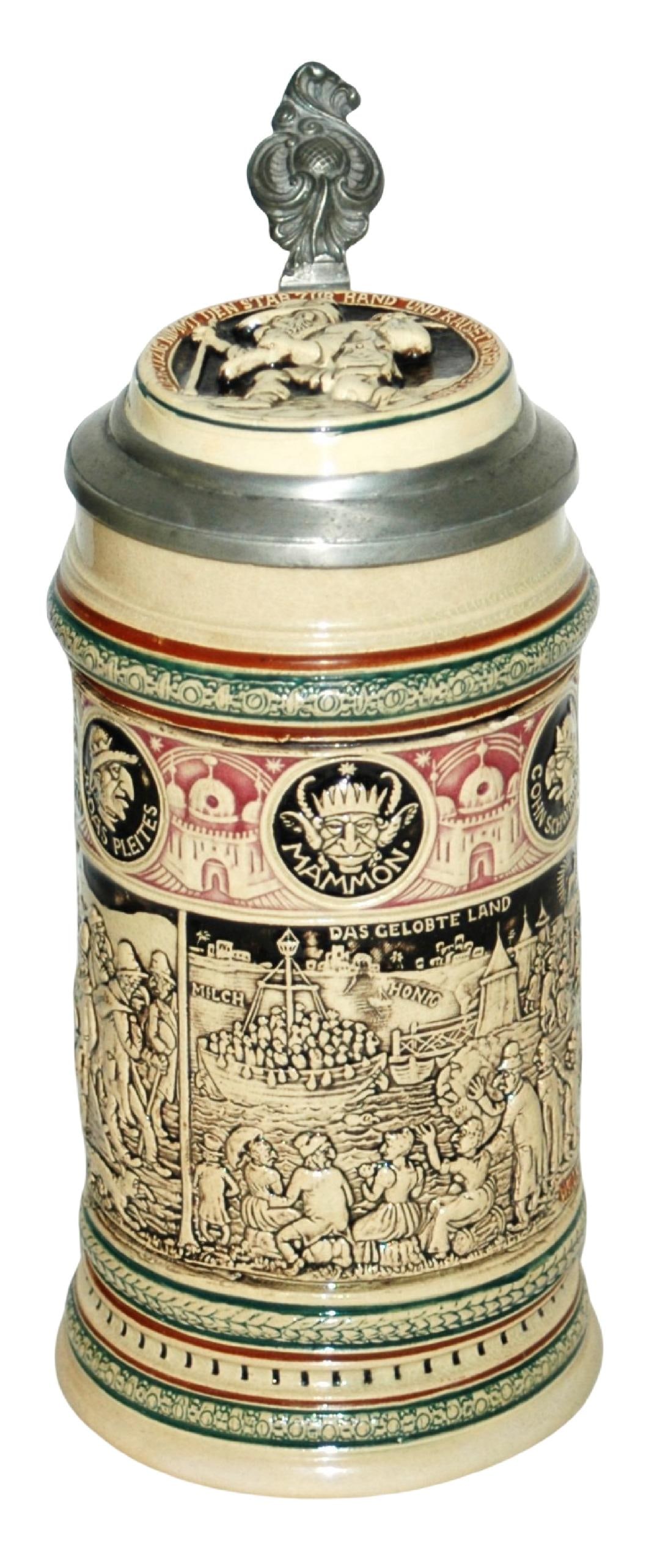 Anti-Semetic Scenes Dumler & Breiden Stein w Inlay: Pottery Dumler & Breiden #300 Relief 1/2L. Anti-semetic scenes. Inlay lid. Mint.