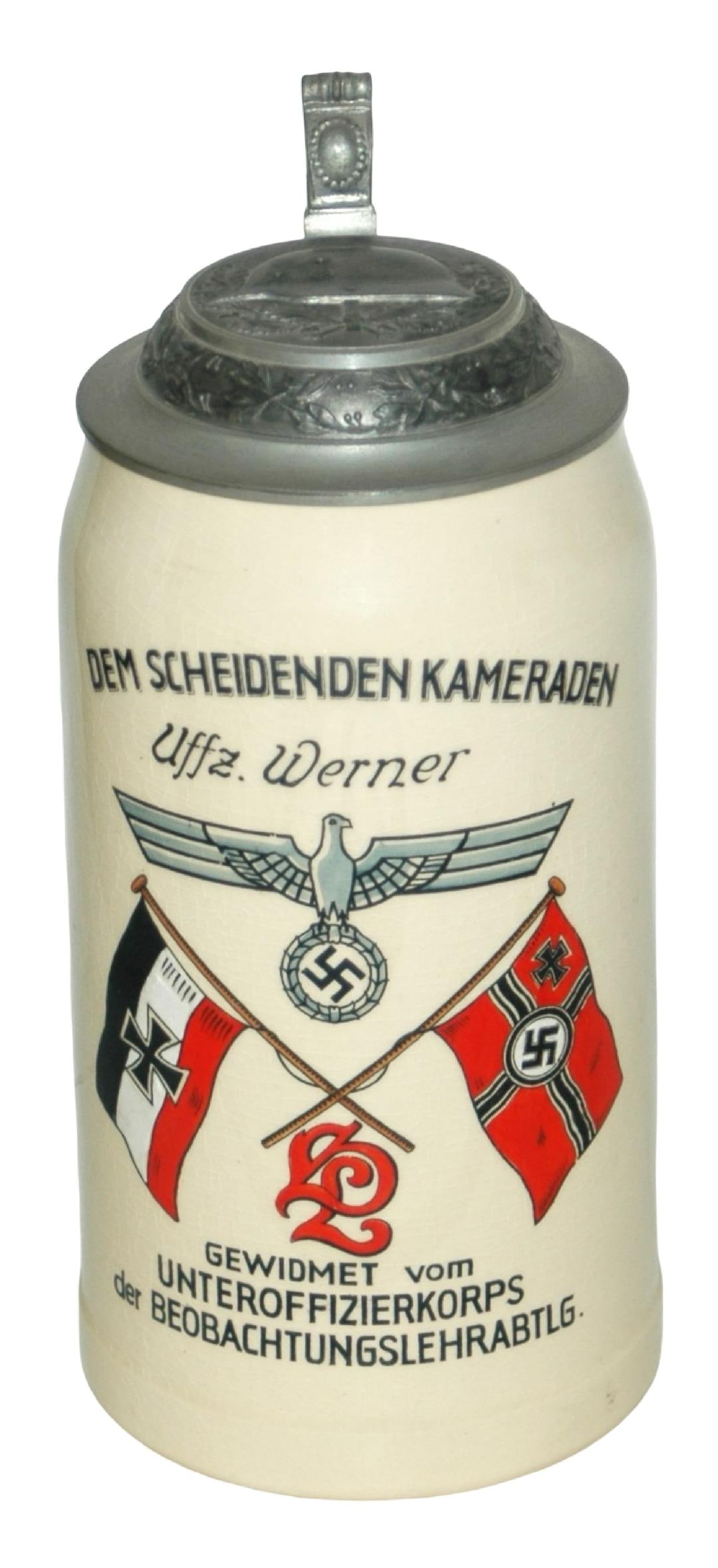 3rd 1L NCO Training Battalion Stein w Helmet Lid: Third Reich Stein 1L Pottery. "Unteroffizierkorps der Beobachtungslehrabtlg, Uffz. Werner." (NCO Corps of Observation Traning Battalion). Relief pewter helmet lid. Mint.