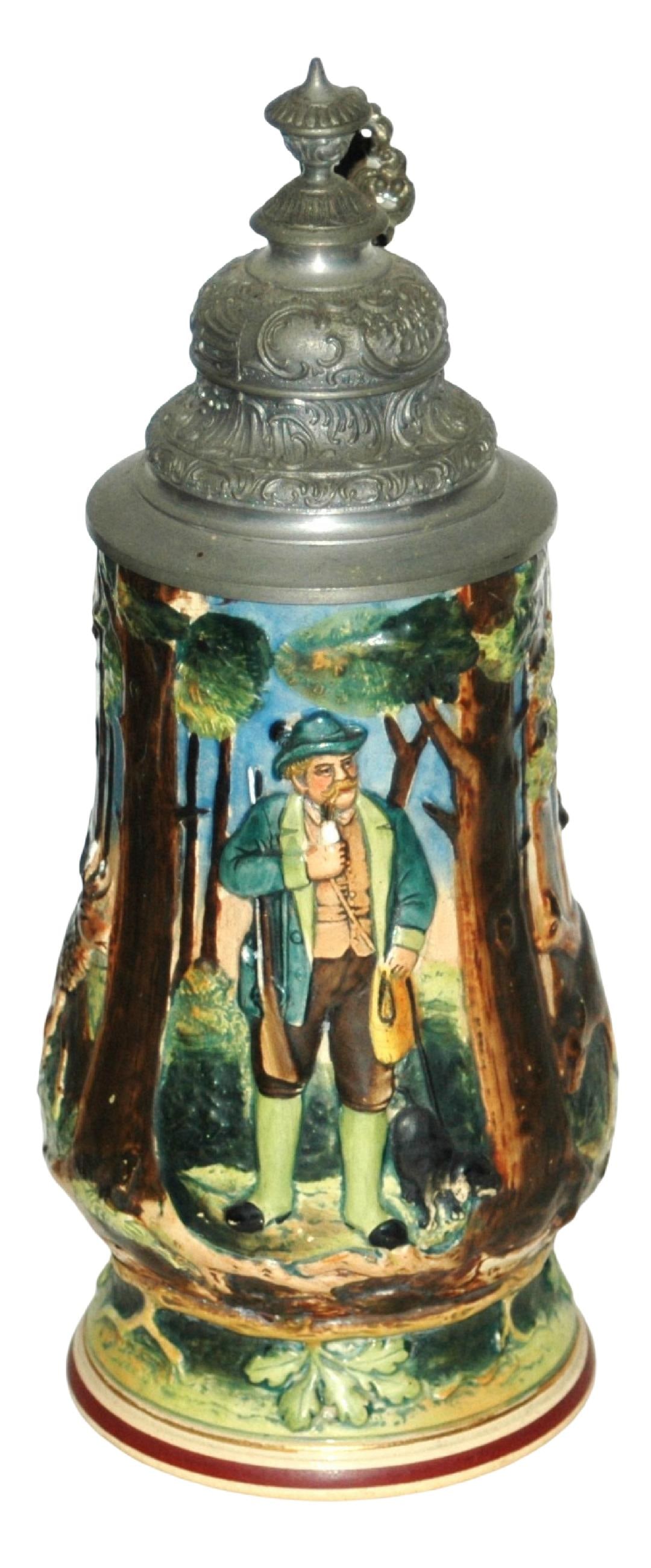 Hunter and Stags Stein w Fancy Relief Lid: Pottery Relief 1/2L. Hunter being watched by stags. Fancy relief pewter lid. Mint.