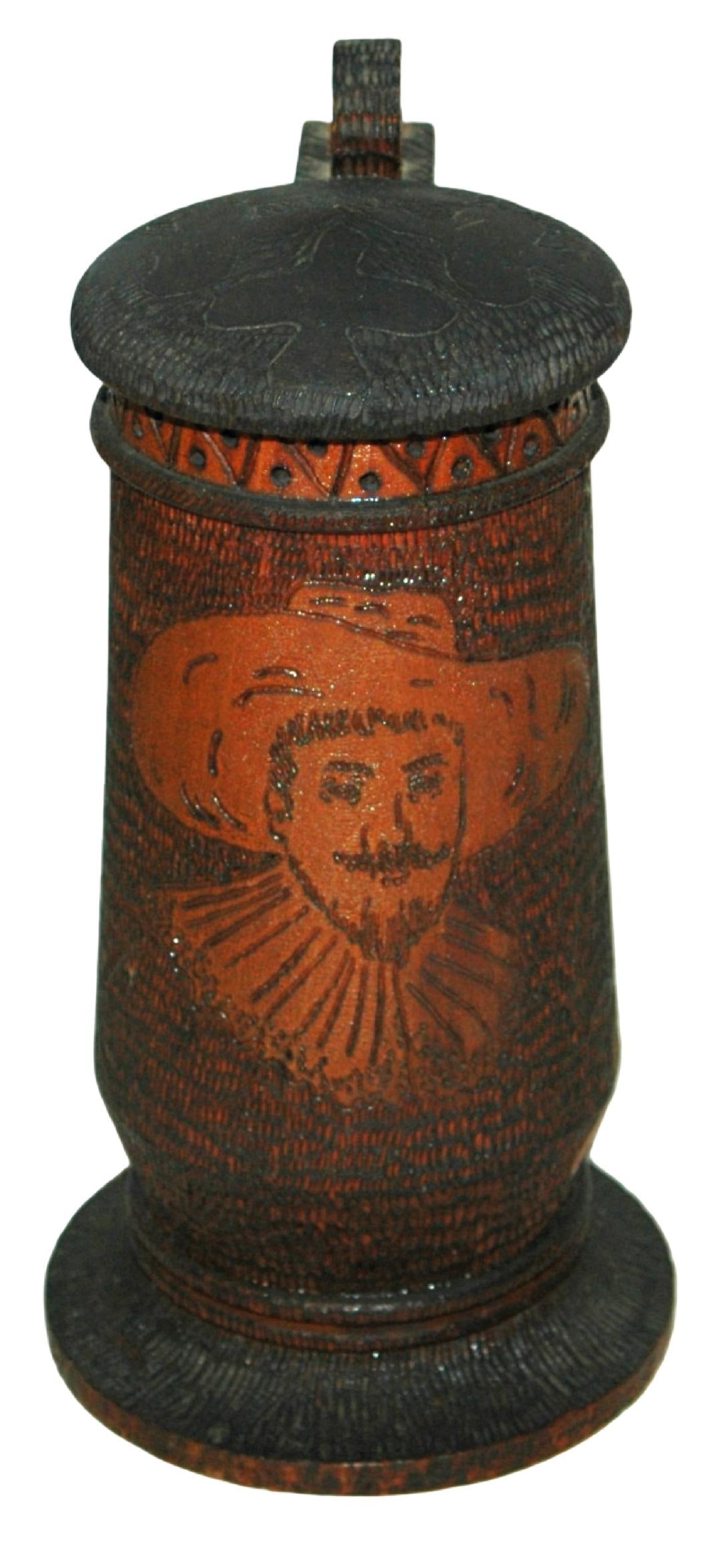 1L Pyro Decorated Man w Hat Carved Wood Stein (1 of 3)