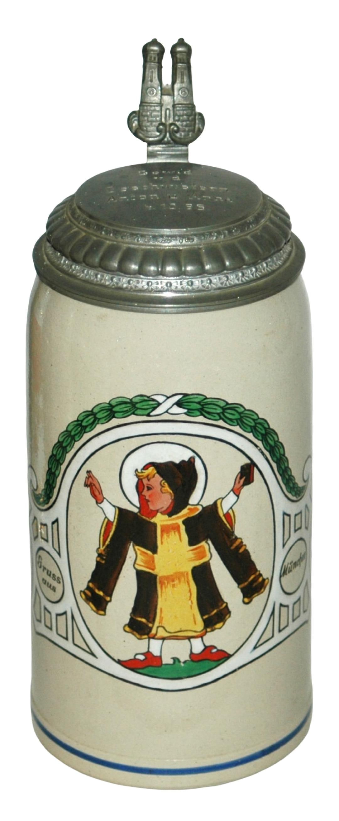 1L Munich Child Stoneware Stein: Stoneware POG 1L. Munich Child with outstretched arms. Mint.