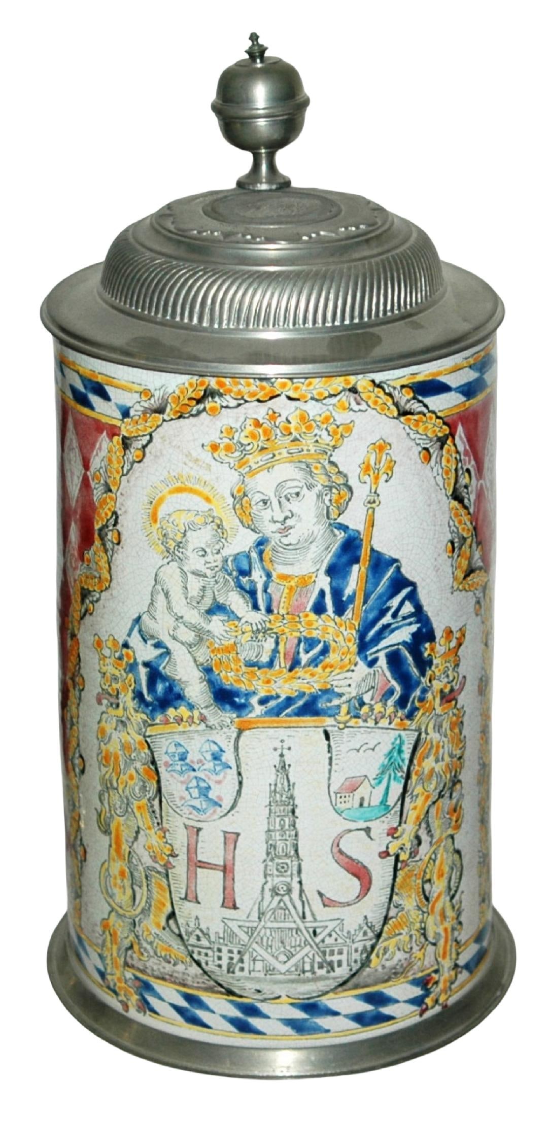 4L Faience Mary & Christ Child Stein w Fancy Lid: Faience Stein 4L. Mary and Christ child. Cathedral in shield. Rope handle. Fancy 18th century style lid. Impressive. Circa 1920-30. Mint.