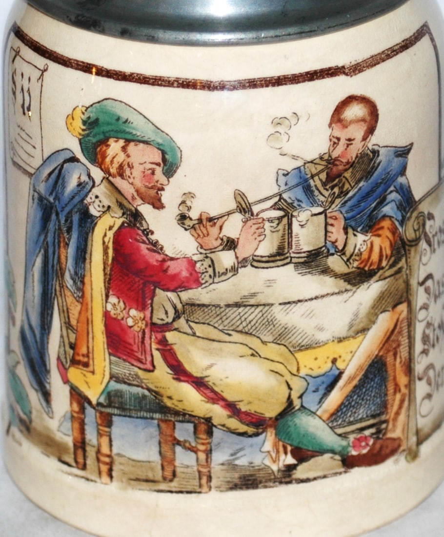 Mettlach Drinking Men Smoking At Table Stein - 2