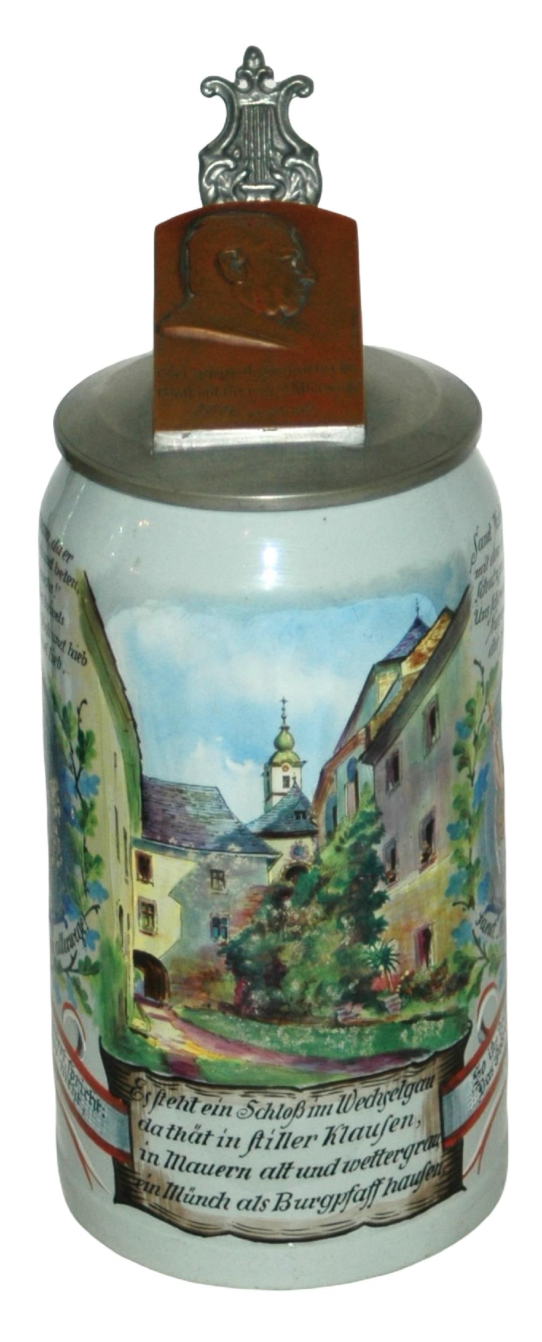 RARE 1L Mettlach Hand Painted Wedyeigau Castle: Mettlach #1526 Hand Painted 1L. Castle in Wedyelgau with several long verses. Custom lid with bronze plaque to Austrian musician D.V. Rernstock. A rare and one of a kind for presentation to Herr Rerns