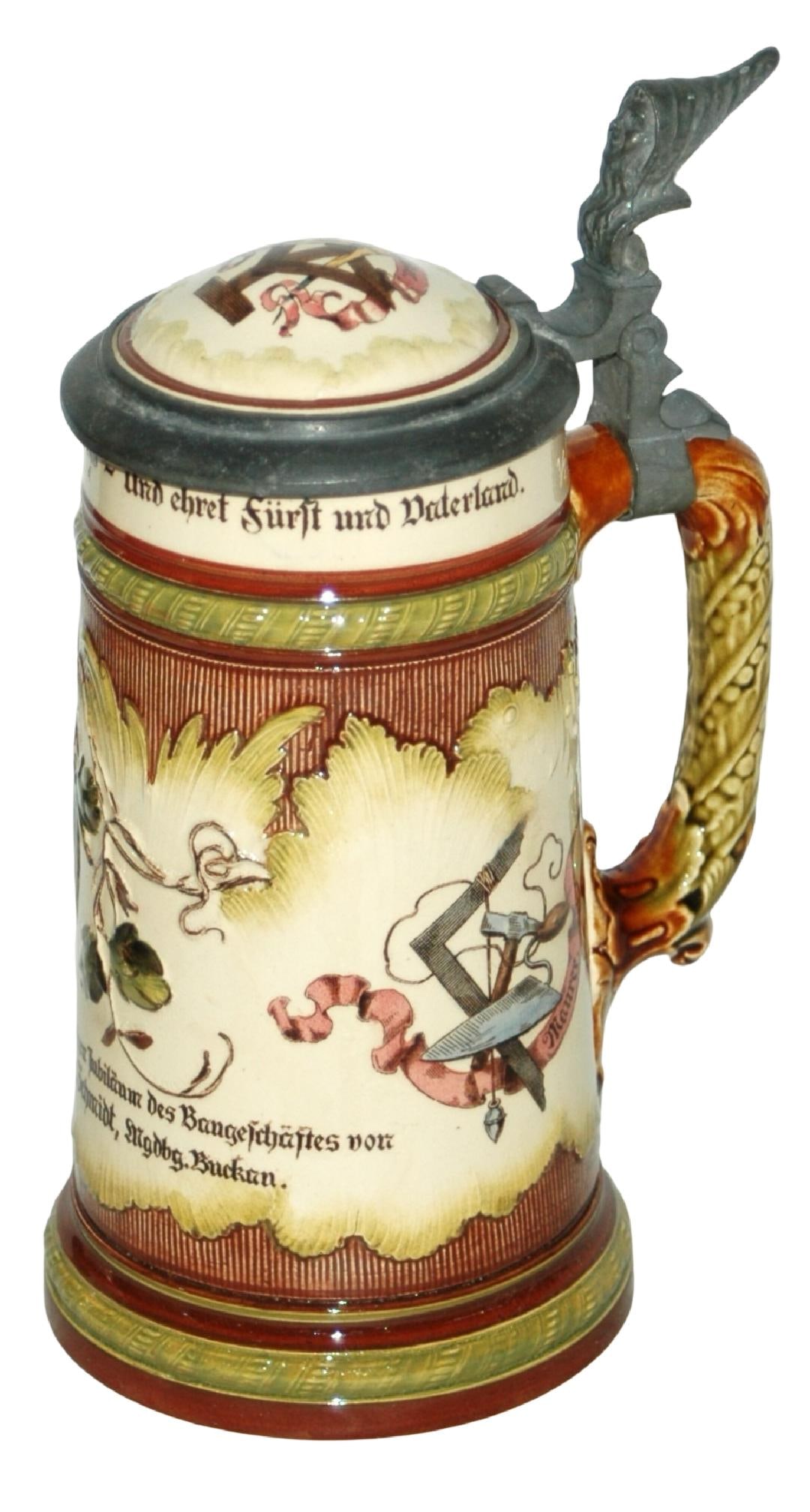 Uncommon Mettlach Carpenter Mason Occupational: Mettlach #2184 PUG 1/2L. Stein . Carpenter and mason occupational tools. Inlay lid. Uncommon. Mint.