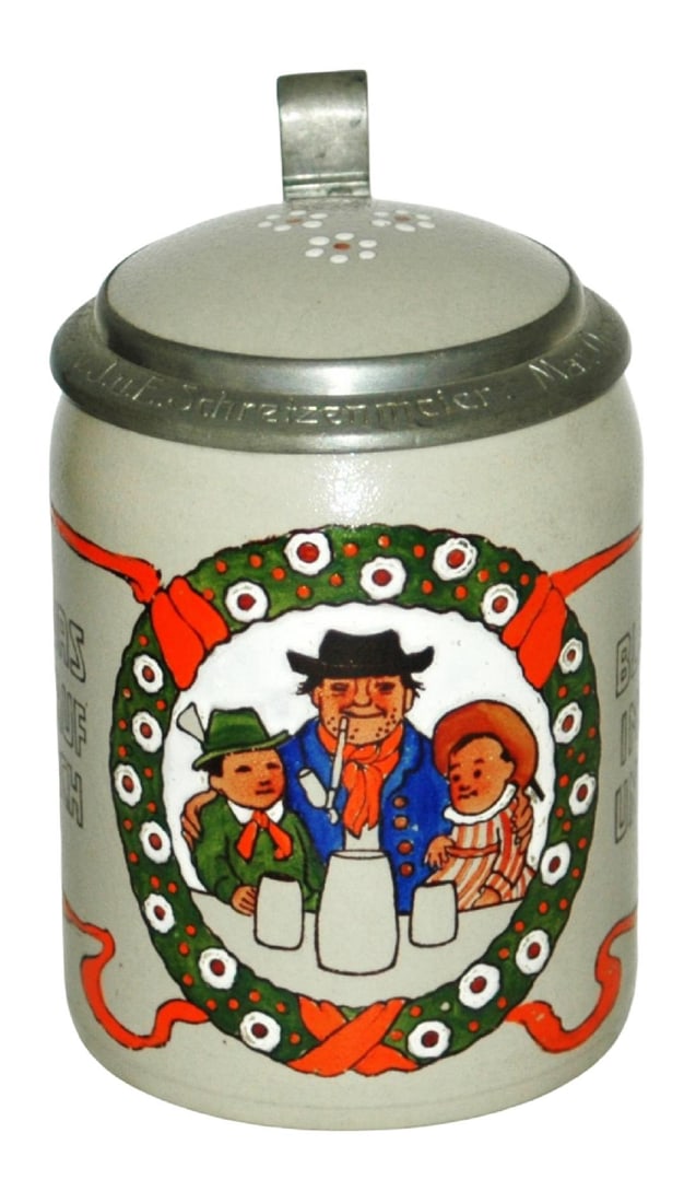Mettlach Bavaria Family in a Wreath Stein: Mettlach Bavaria #3282/535 POG 1/2L. Family in a wreath. Inlay lid. Mint.