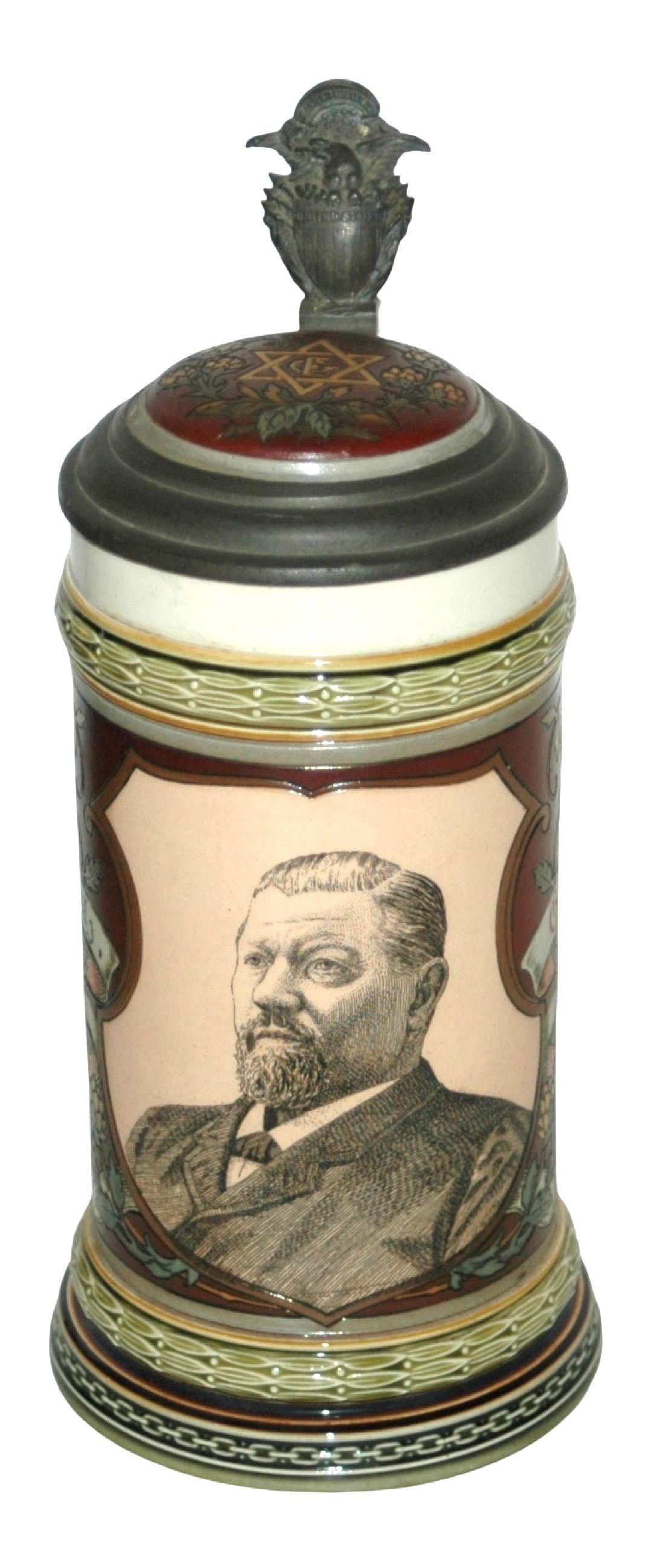 Mettlach George Ehret New York Brewery Stein: Mettlach #1997 Etched & PUG 1/2L. George Ehret New York Brewery. Inlay lid. Mint.