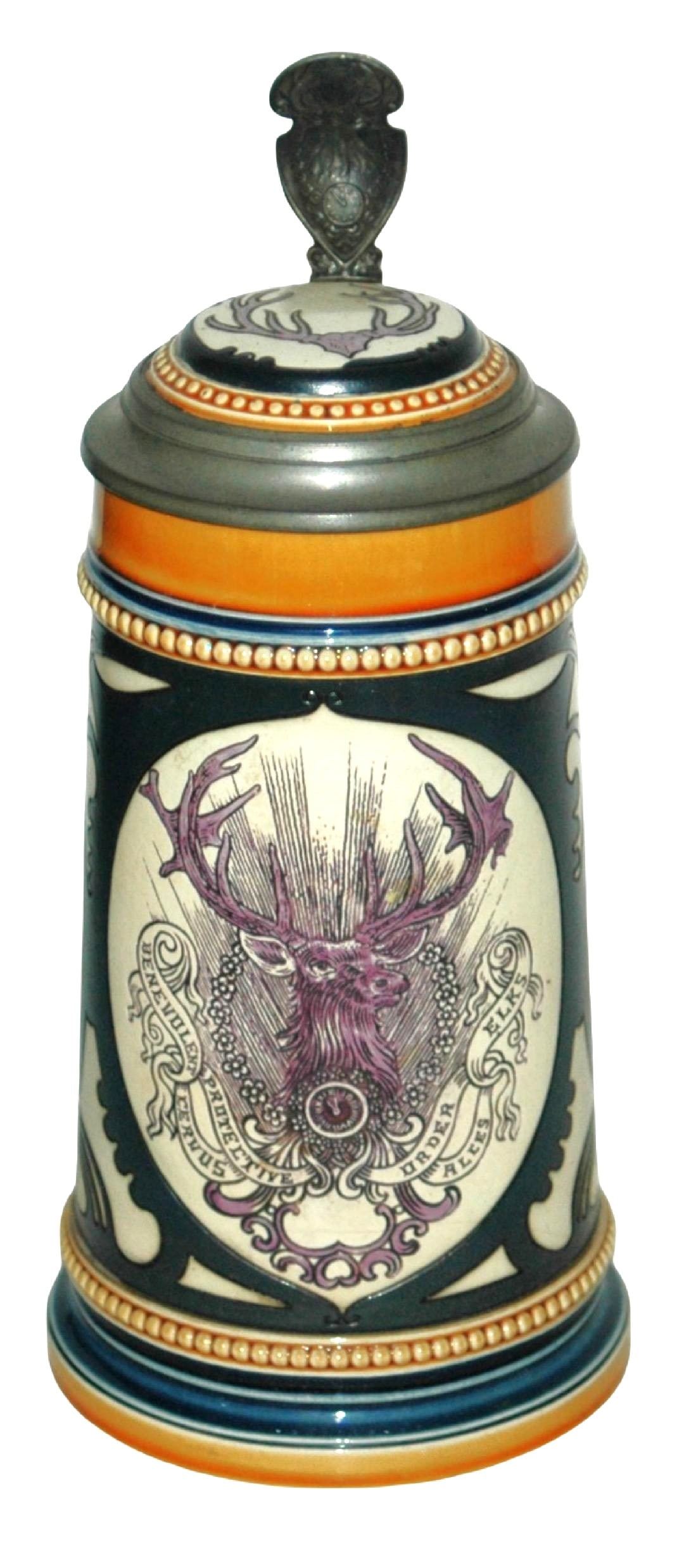 Mettlach BPOE Elks Club Stein w Inlay: Mettlach #2936 Etched 1/2L. B.P.O.E. Elks Club. Inlay lid. Mint.