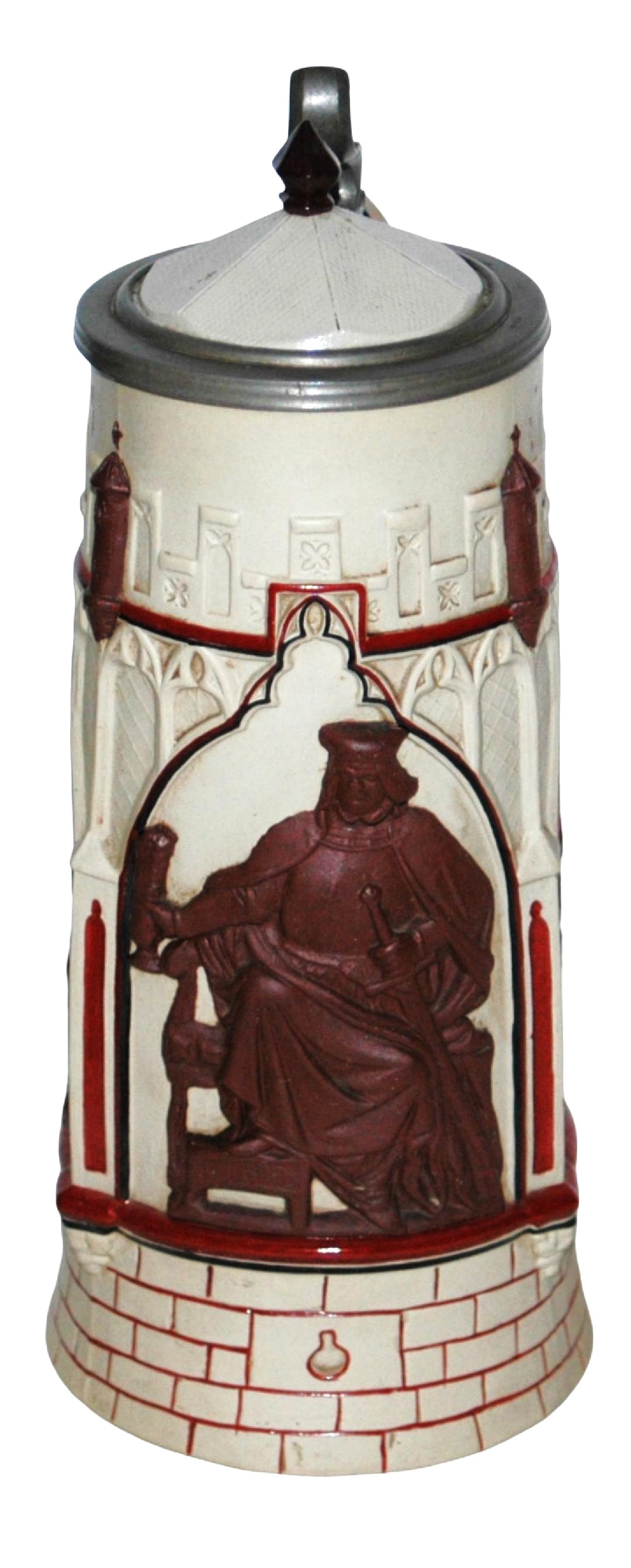 Mettlach Earlyware King & Servants Stein w Castle: Mettlach Earlyware Relief 1/2L. King and servants. Inlay lid with finial. Castle handle. Mint.