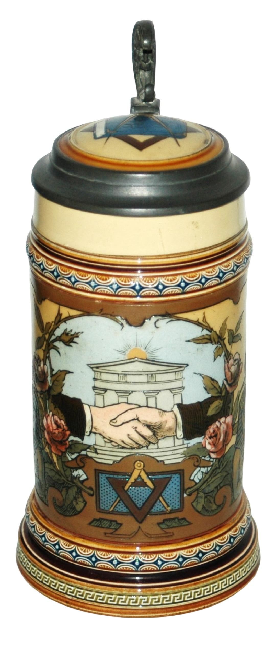 Mettlach Masonic Symbols & Handshake Stein: Mettlach #1819 Etched 1/2L. Masonic symbols and handshake. Inlay lid.