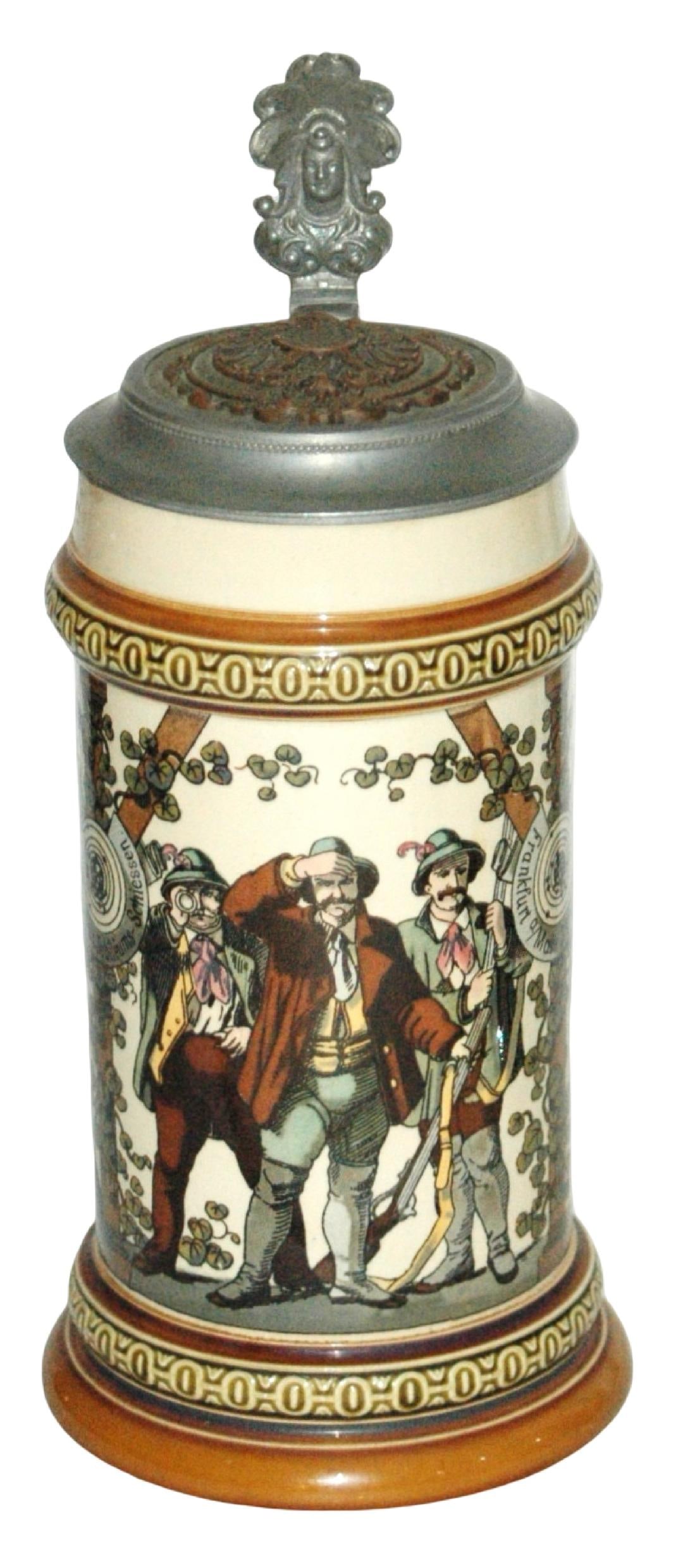 Mettlach 1887 Men Rifles Shooting Contest Stein: Mettlach #1530 PUG 1/2L. Men with their rifles for a shooting contest. “XI Deutsches Bundes & Jubileum Schiessen Frankfurt a/Main 1887.” Copper relief impereial eagle inlay. Mint.
