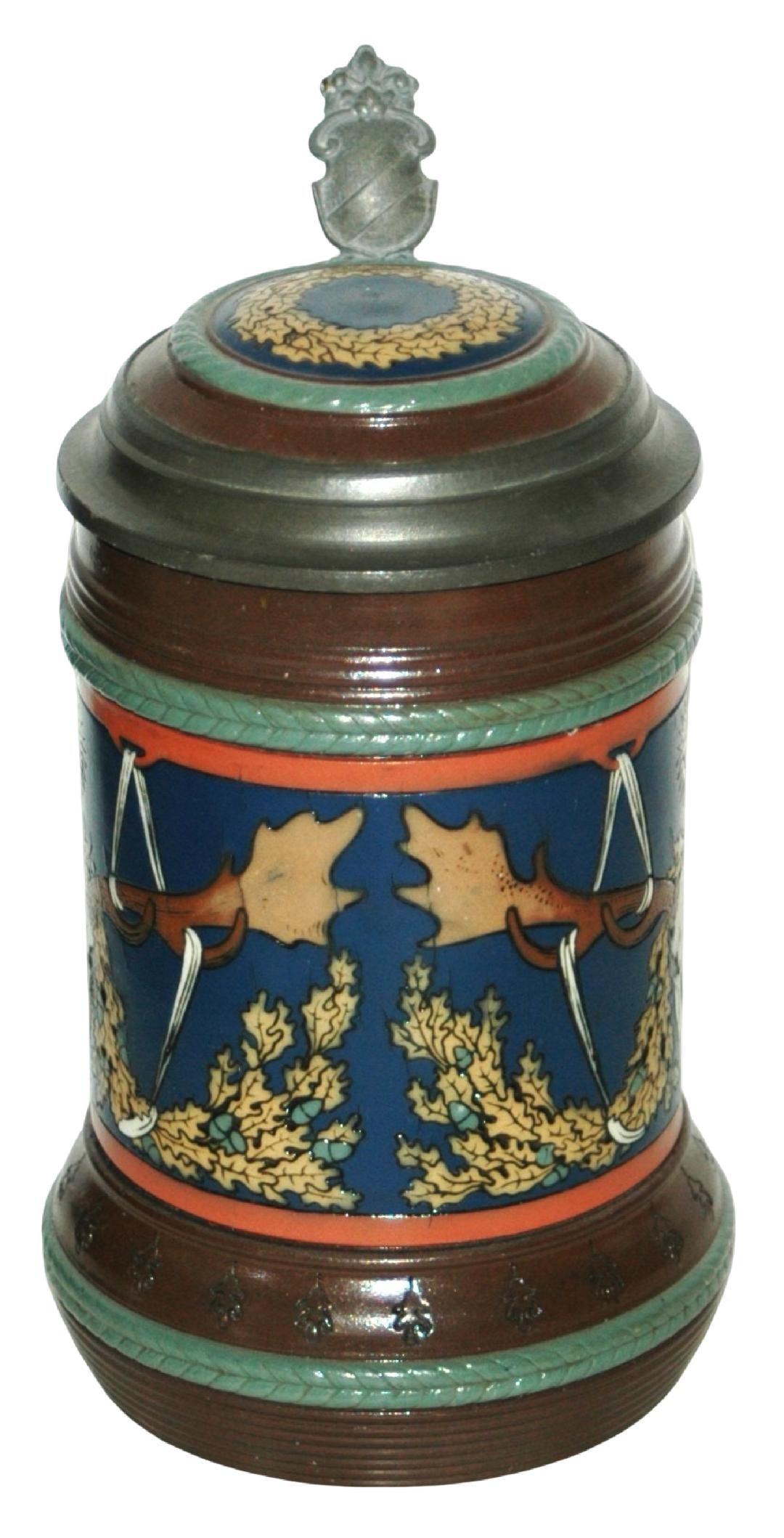 Mettlach Hunters St Hubertus Stag Stein: Mettlach #2813 Etched 1/2L. Hunters St. Hubertus stag. Inlay lid. Mint.