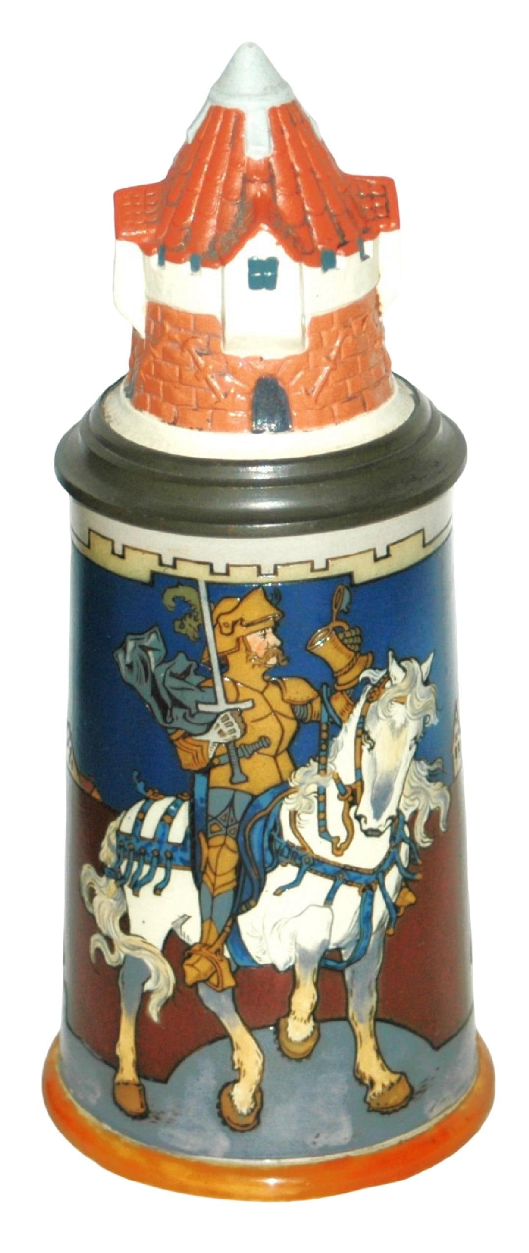 Mettlach Schlitt Knight on a White Horse Stein: Mettlach #2765 Etched 1/2L. Schlitt. Knight on a white horse. Turret inlay lid. Mint.