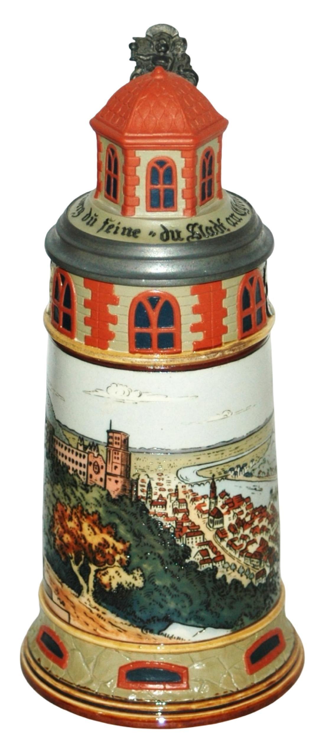 Mettlach Heidelberg Castle & Perkeo Stein w Turret: Mettlach #2894 Etched 1/2L. Heidelberg castle with Perkeo and Herr von Rodenstein by handle. Turret inlay lid. Mint.