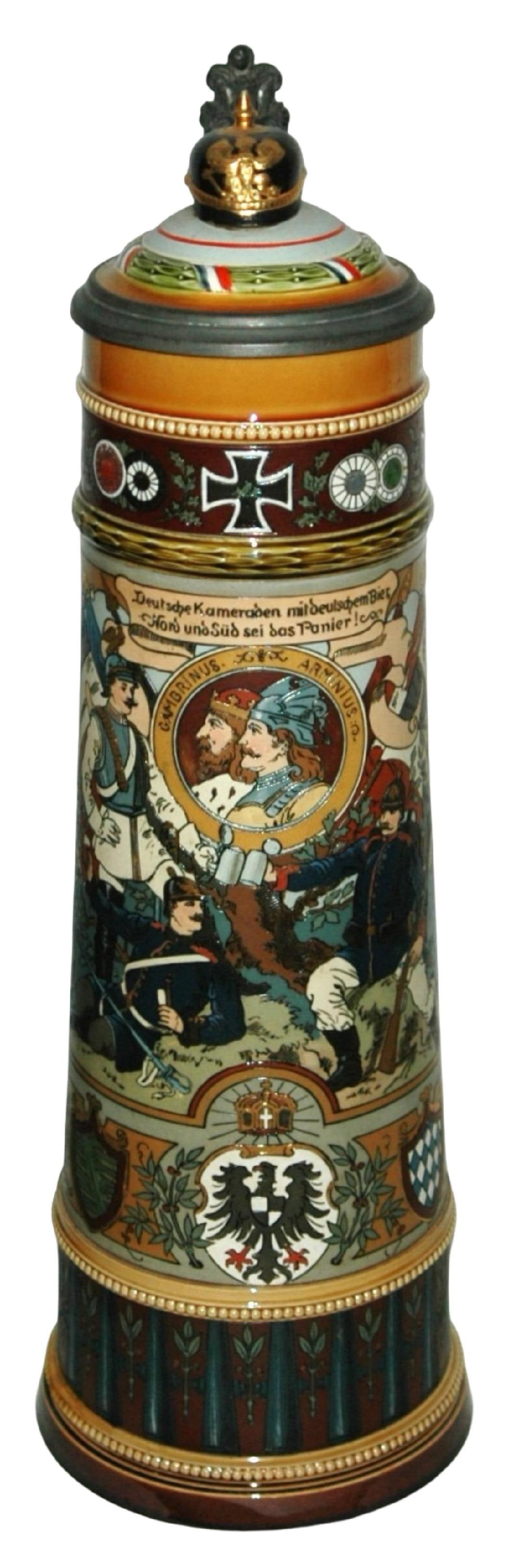 RARE 4L Mettlach Military Scenes Stein 3D Helmet: Mettlach #2040 Etched 4L. Detailed military scenes with shields. Rare figural helmet inlay lid. Mint.