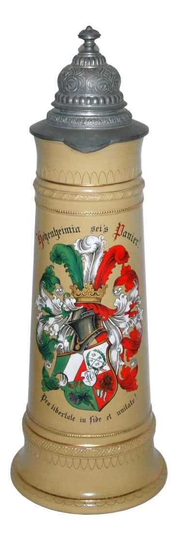 Rare 3L Mettlach Dueling Fraternal Student Shield: Mettlach #2214 POG 3L.Stein. Dueling fraternal student shield. “Hohenheimin sei's Panier!” Rare. Mint.