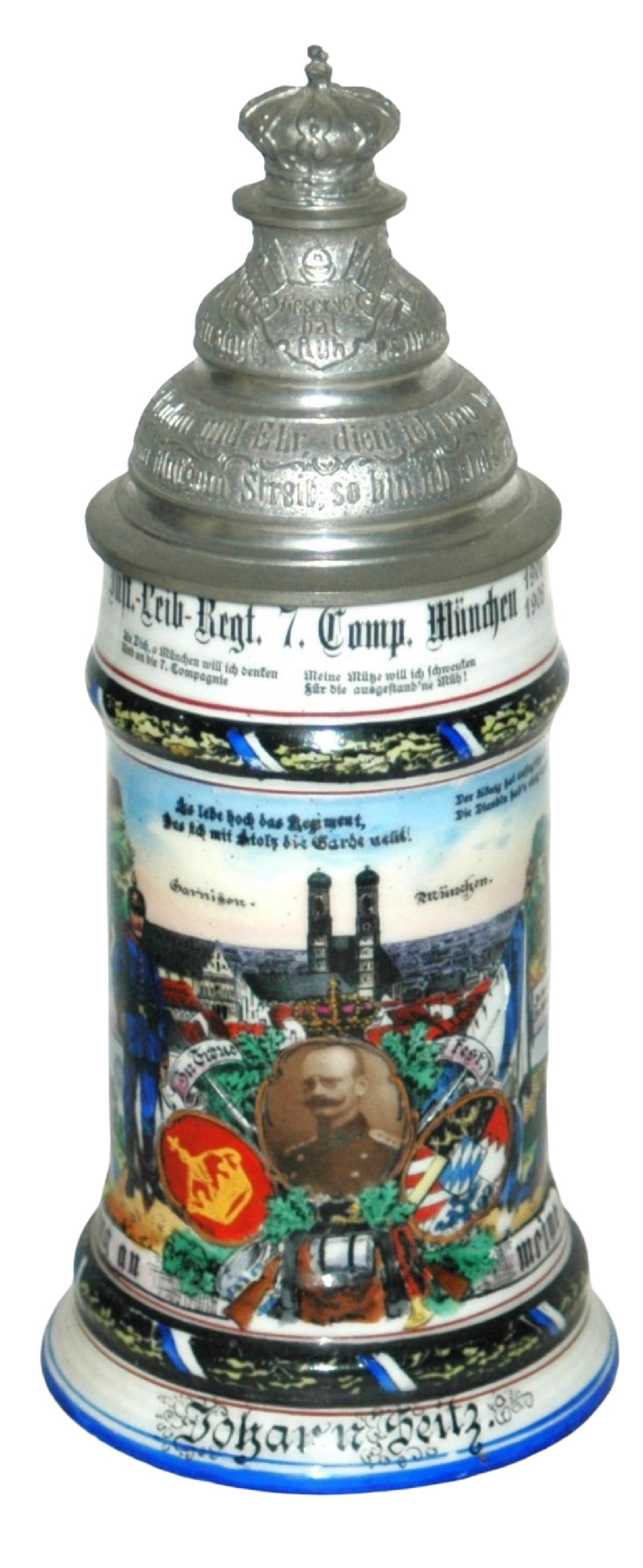 Regimental Inft Leib 7 Munich Stein w Crown Finial (1 of 5)