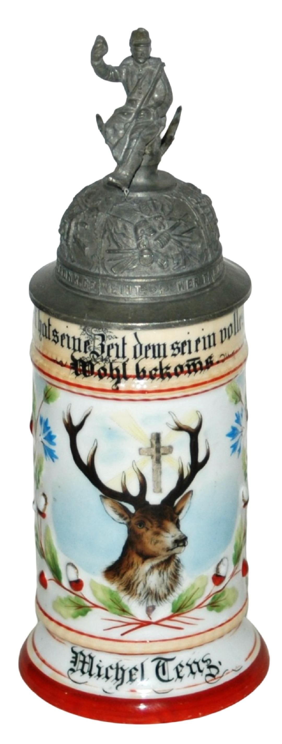 Regimental Jager Batt No 8 Stein w St Hubertus: Regimental Stein 1/2L Porcelain. “3 Cp. Rhn. Jager Battl. No 8 in Schlottstadt 1904, Michel Tenz.” Two rear scenes. St Hubertus thumblift.