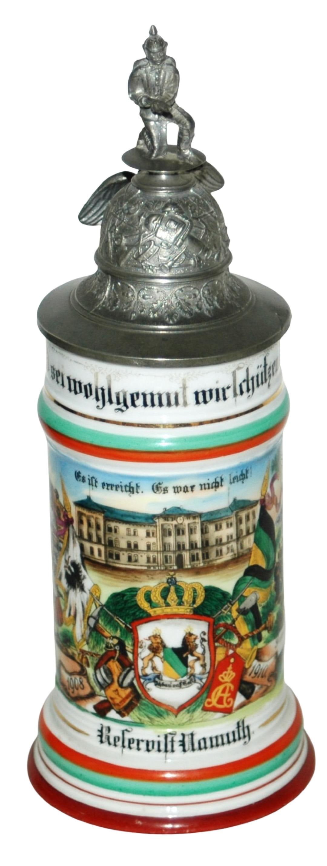 Regimental Inft Nr 94 Bolt Handle Hinge Stein: Regimental Stein 1/2L Porcelain. “ 5 Comp. 5 Thur. Inft. Regt. Nr 94 Eisenach 1908-1910, Reservist Namuth.” Two side scenes. Rear roster. Bolt handle hinge. Kneeling soldier with rifle