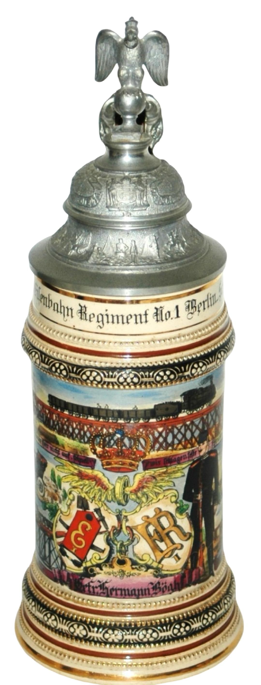 Regimental Eisenbahn No 1 Stanhope Epilet Stein: Regimental Stein 1/2L Pottery. “5 Comp. Konig. Eisenbahn Regiment No 1 Berlin Schoneberg 1906-1908, Gefr. Hermann Bogh.” Six side scenes. Rear roster. Stan hope with film. Company epilet