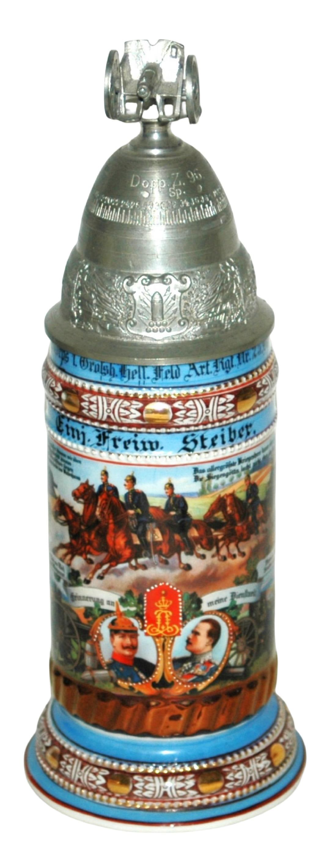 Regimental Hess Feld Art No 25 Stein: Regimental Stein 1/2L Porcelain. “ 1 Battr. Grossh. Art. Corps. 1 Grossh. Hess. Feld Art. Nr 25 Darmstadt 1914-19, Einj. Freiw., Steiber.” Four side scenes. Rear roster. Mint.