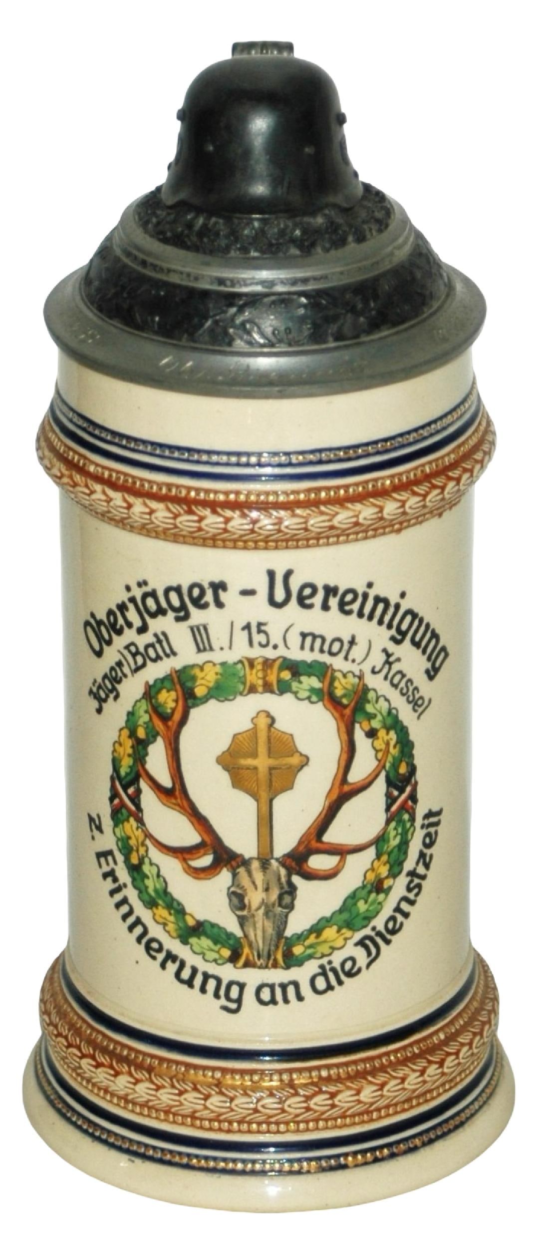 3rd Reich Jager 15 Stag Wreath & Helmet Lid Stein: Third Reich Stein 1/2L Pottery. “Oberjager Vereinigung Jager Batl. III./ 15 (mot) Kassel.” St Hubertus stag within wreath. Pewter helmet finial lid. Mint.