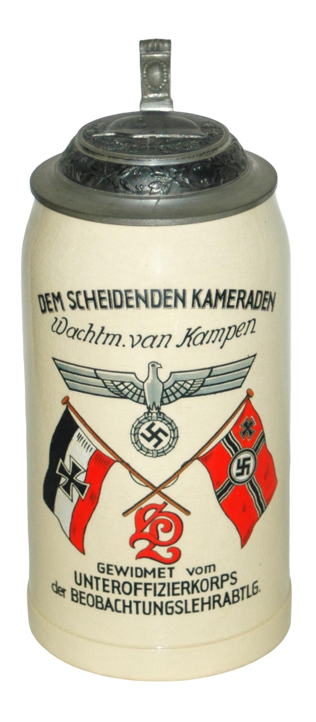 1L 3rd Reich Unteroffizierkorps Stein w Helmet Lid: Third Reich Stein 1L Pottery. “Unteroffizierkorps der Beobachtungslehrabtlg], Wachtm. Van Kampen.” Relief pewter helmet lid. Mint.