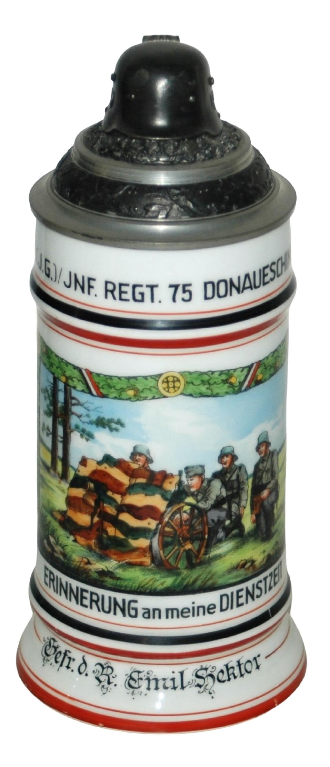 3rd Reich Inft 75 Artillary Scene Stein Helmet Lid: Third Reich Stein 1/2L Porcelain. “18 E. (J.G.) Inft. Regt. 75 Donaueschingen, Gefr. D. R. Emil Sektor>’ Artillery scene. Pewter helmet finial lid. Mint.