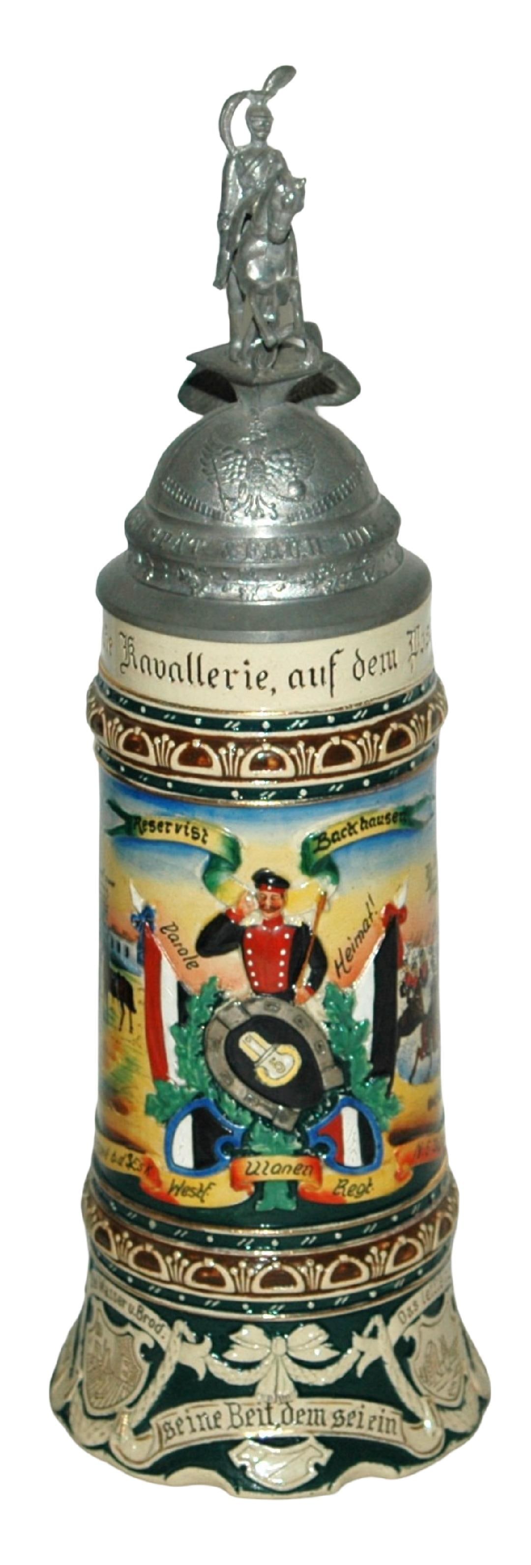 1L Regimental Ulanen No 5 Stein w Ulan Helmet Lid: Regimental Stein 1L Pottery. “3 Esk. Westf. Ulanen Regt. No 5 Dusseldorf 1911-14, Reservist Backhauser.” Two side scenes. Rear roster. Large horse & rider finial on Ulan helmet lid. Mint.
